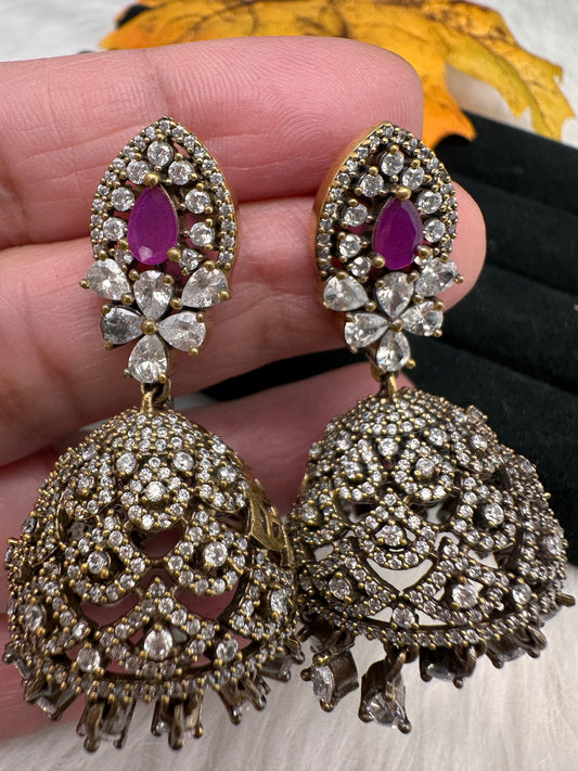 AD Color Stone Victorian Jhumkas - Red