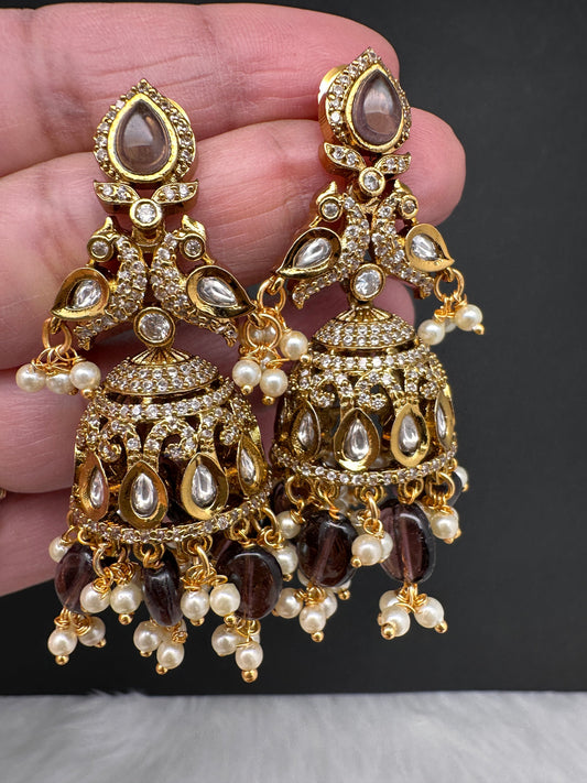 AD Color Stone Victorian Jhumkas - Purple