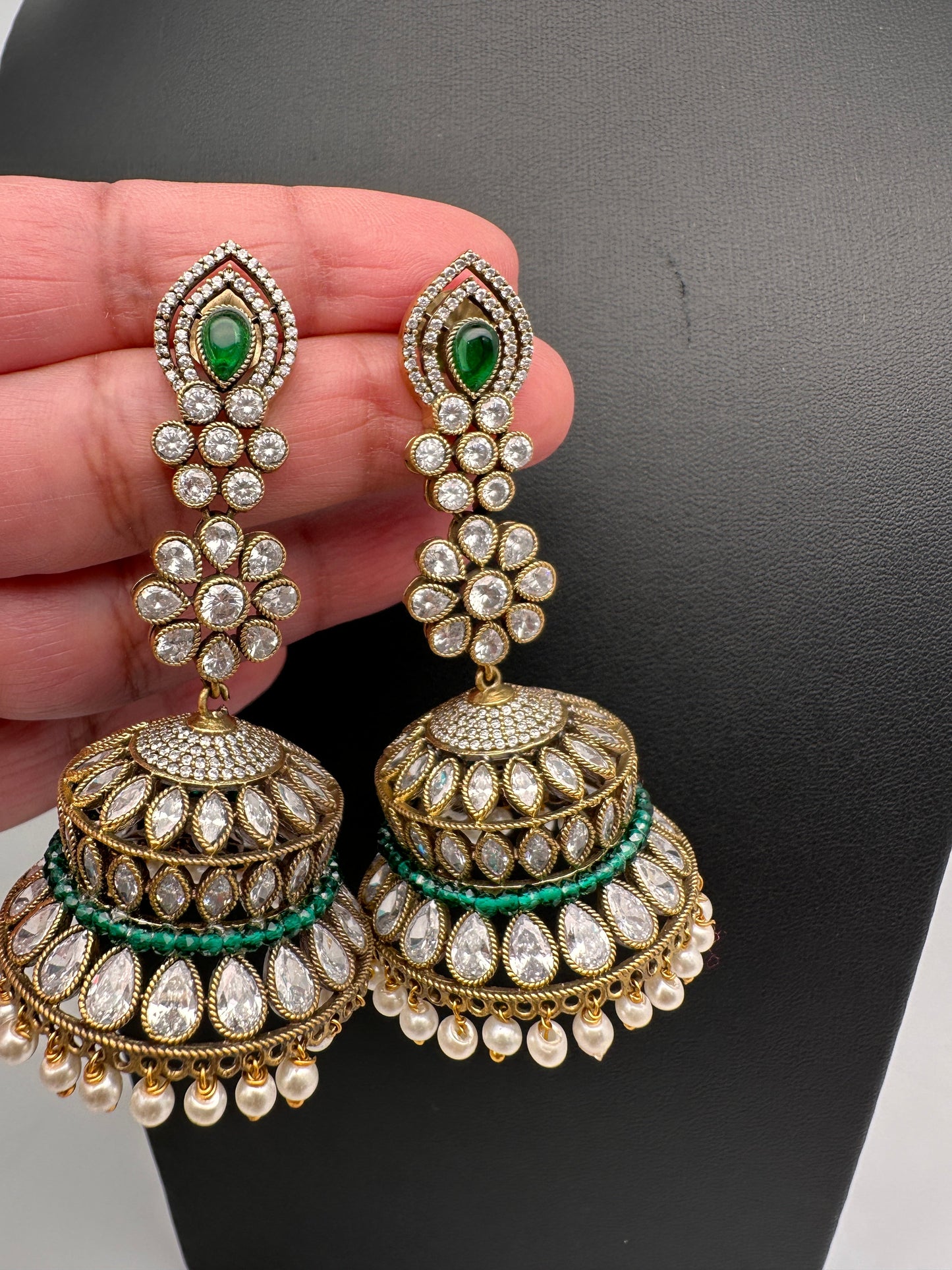 AD Color Stone Victorian Long Jhumkas - Green