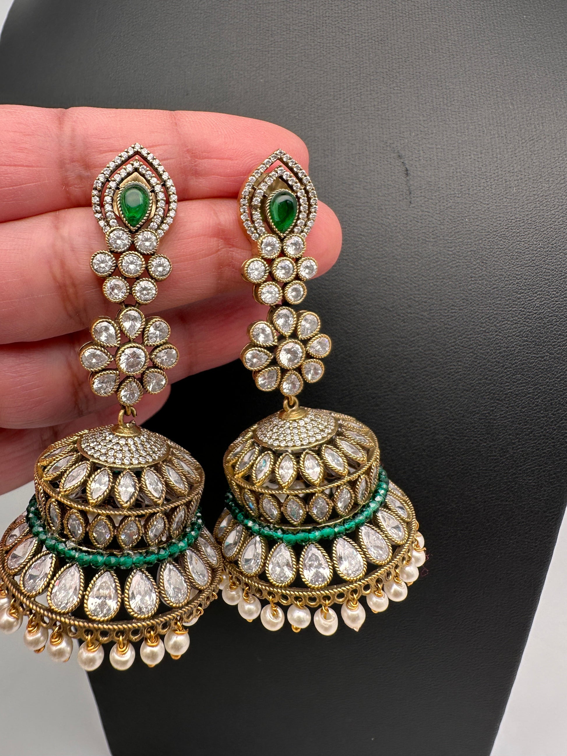 AD Color Stone Victorian Long Jhumkas - Green