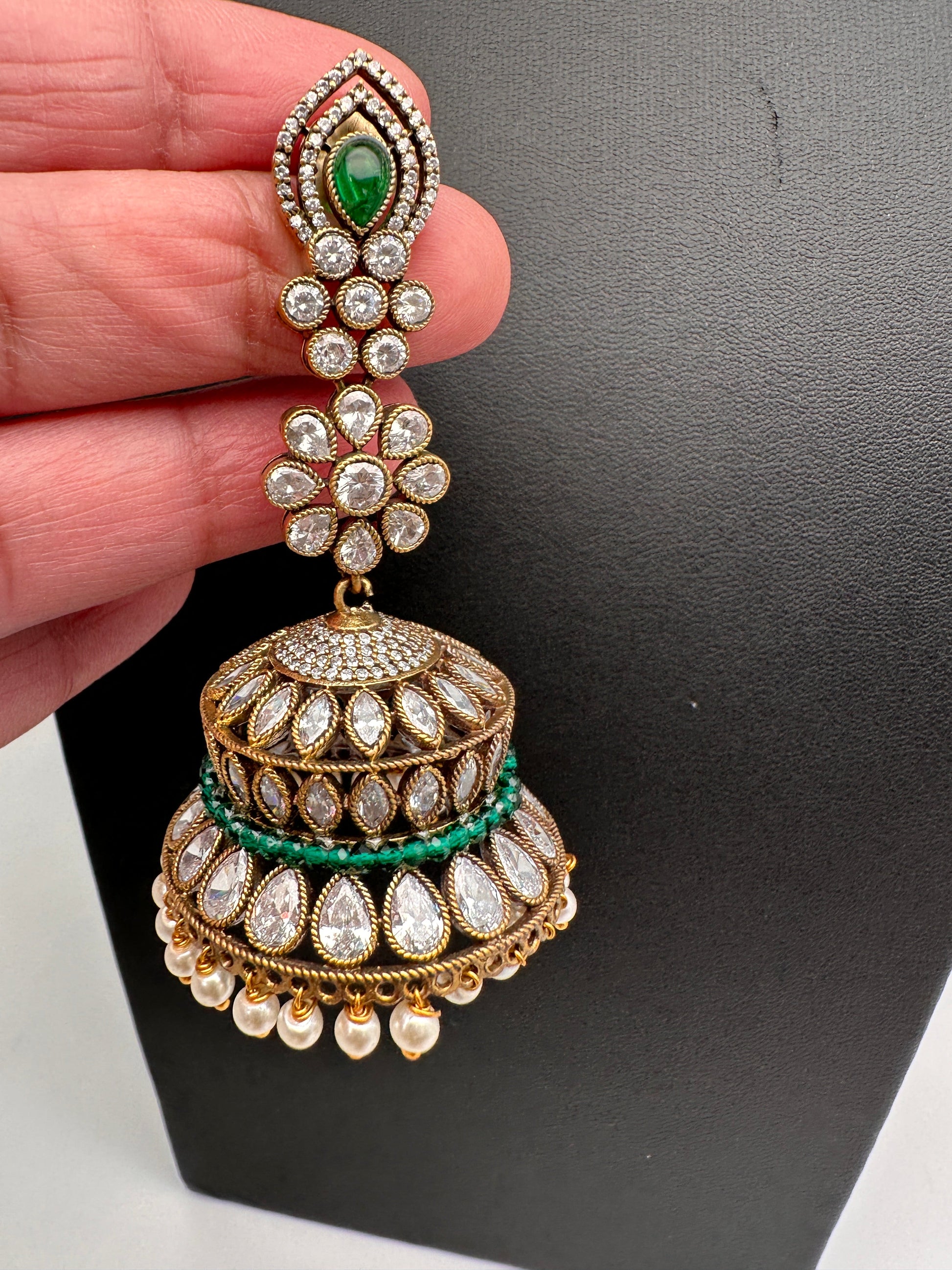 AD Color Stone Victorian Long Jhumkas - Green