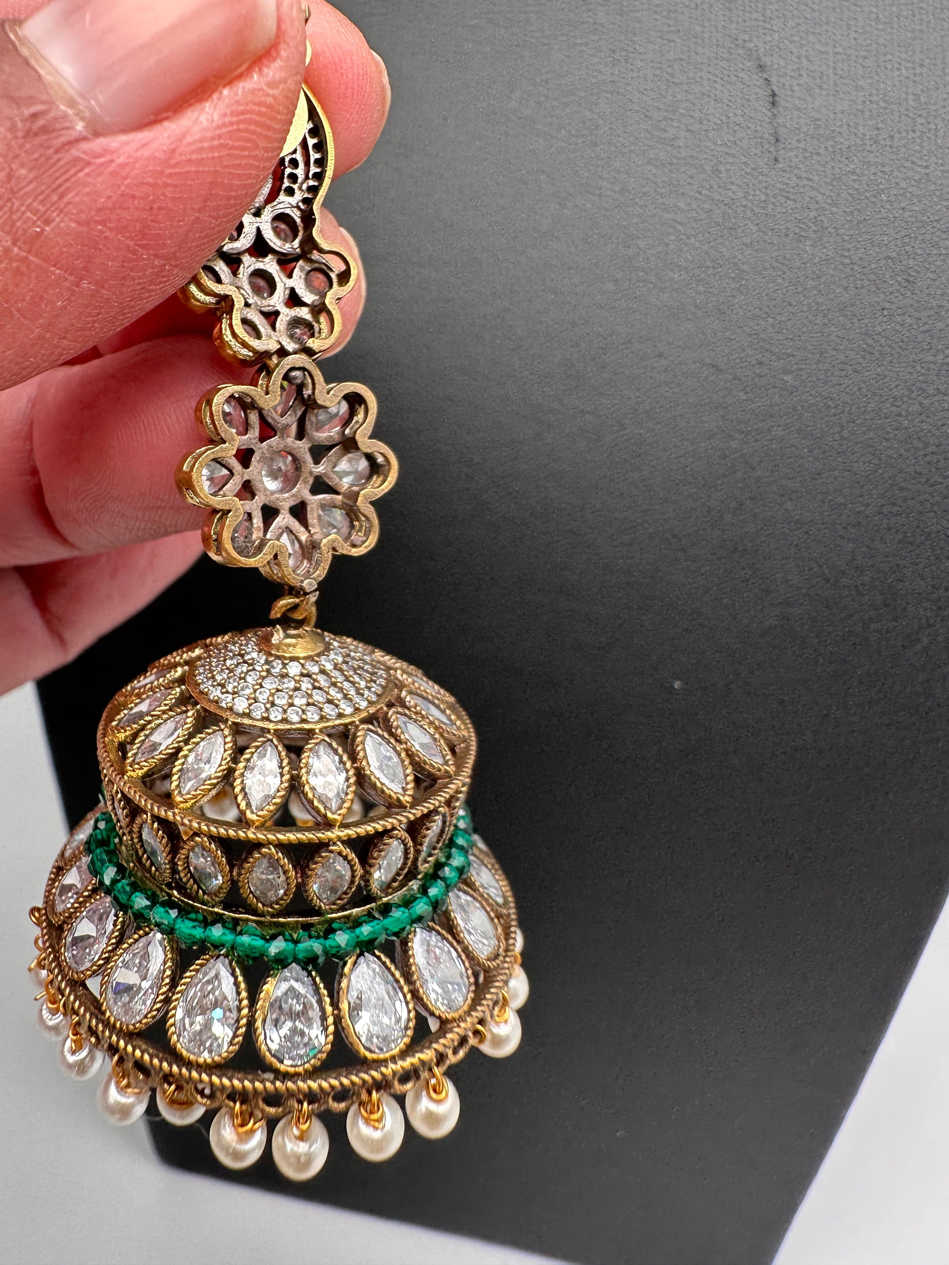 AD Color Stone Victorian Long Jhumkas - Green