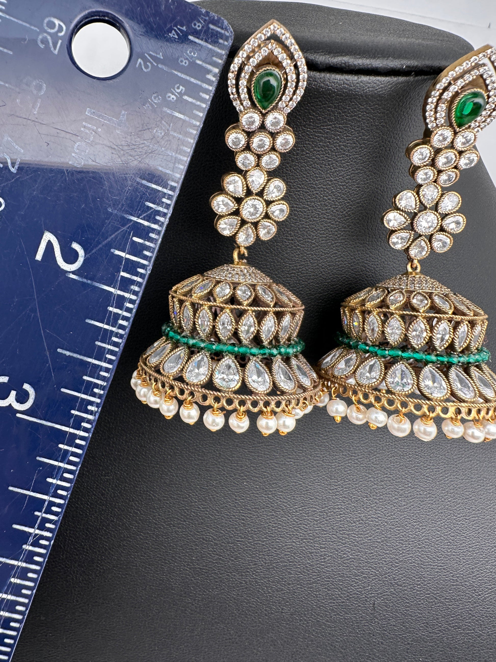 AD Color Stone Victorian Long Jhumkas - Green