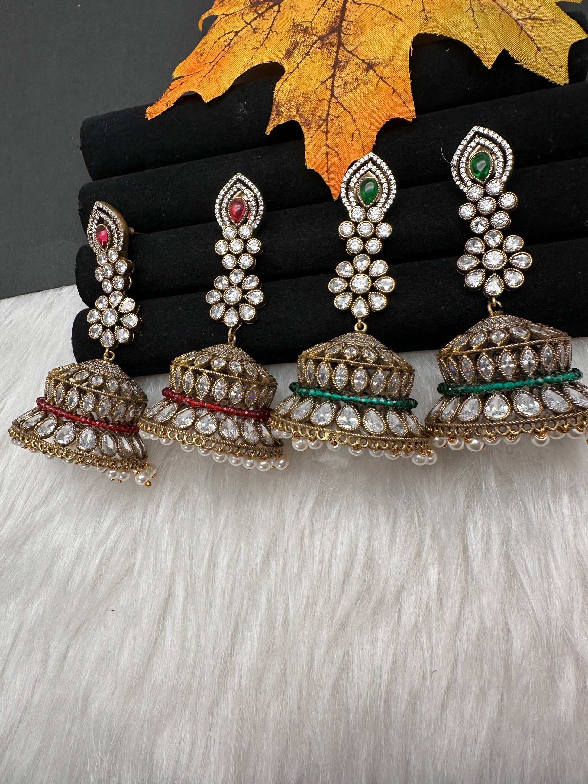 AD Color Stone Victorian Long Jhumkas - Green