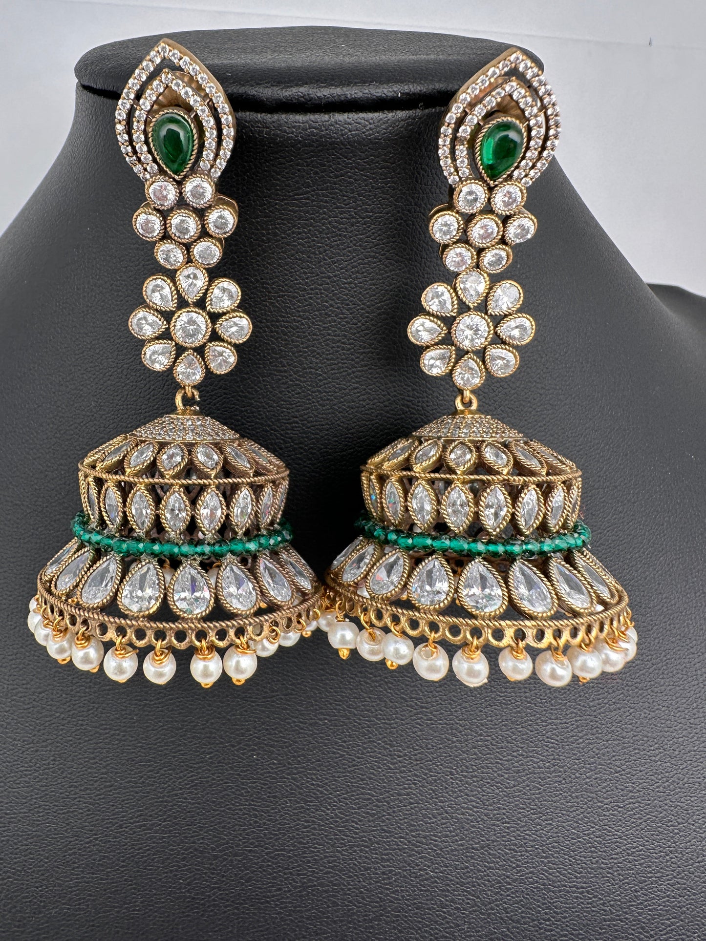 AD Color Stone Victorian Long Jhumkas - Green
