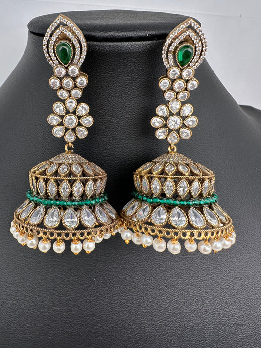 AD Color Stone Victorian Long Jhumkas - Green
