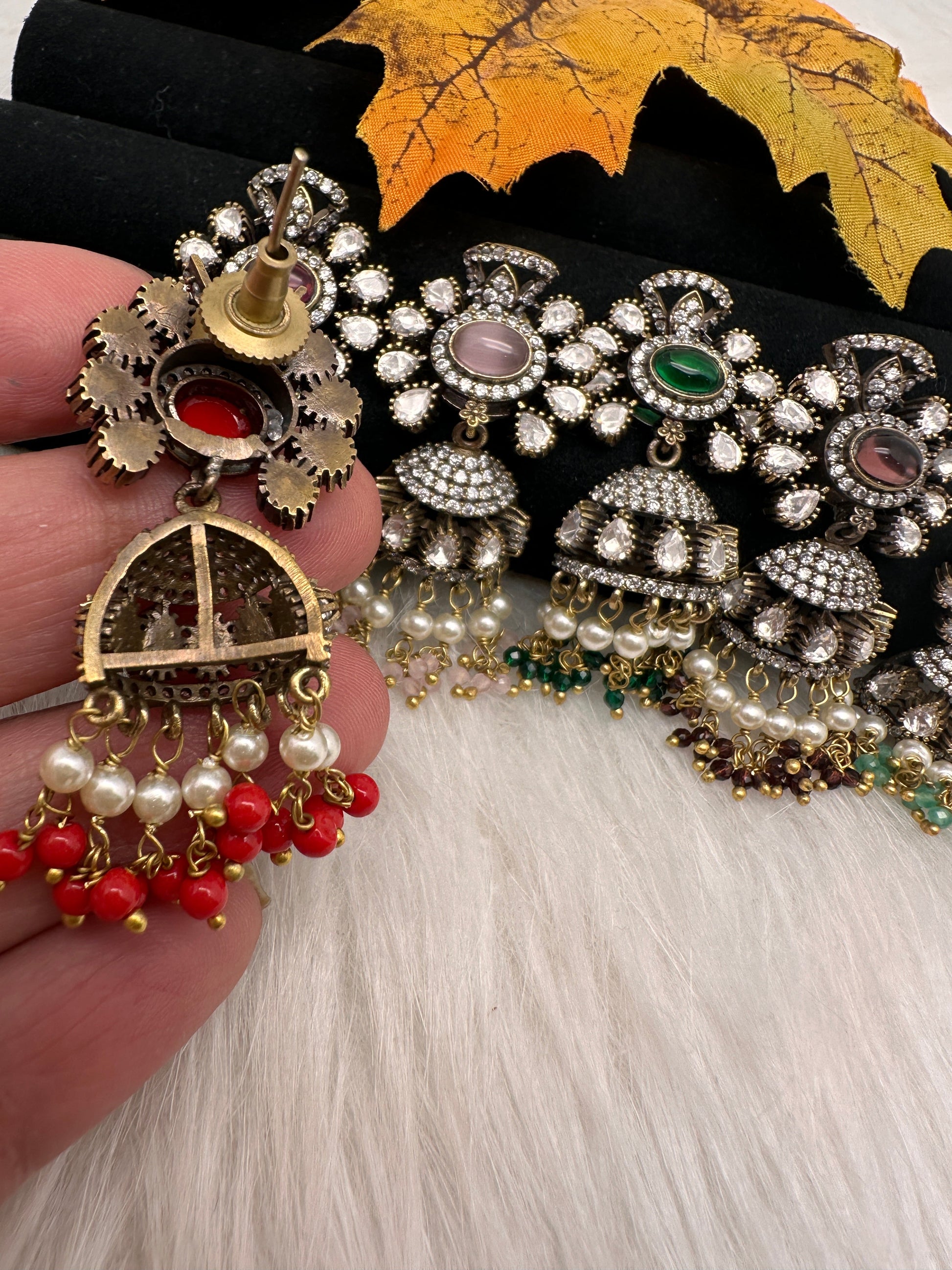 Moissanite Color Stone Victorian Jhumkas - Coral