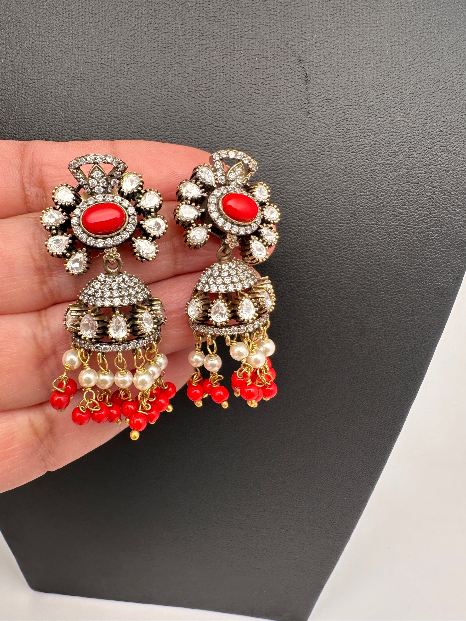 Moissanite Color Stone Victorian Jhumkas - Coral