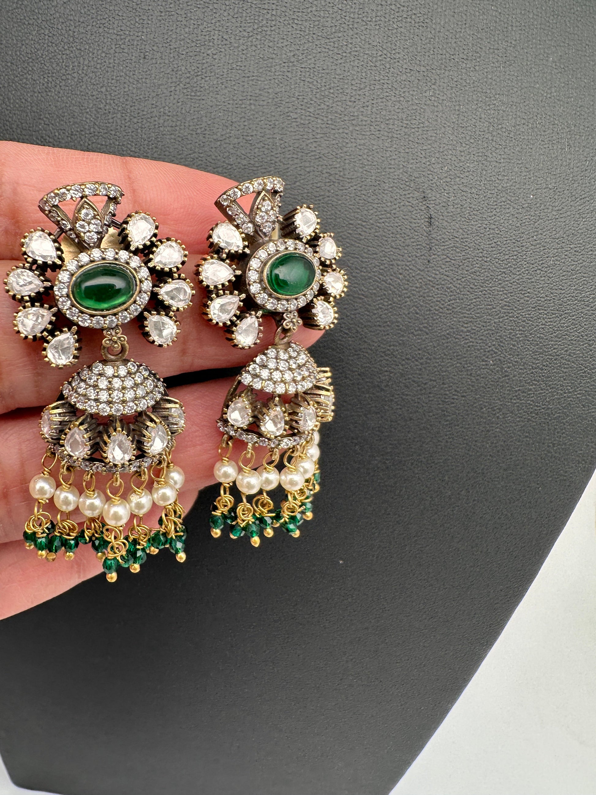 Moissanite Color Stone Victorian Jhumkas - Green