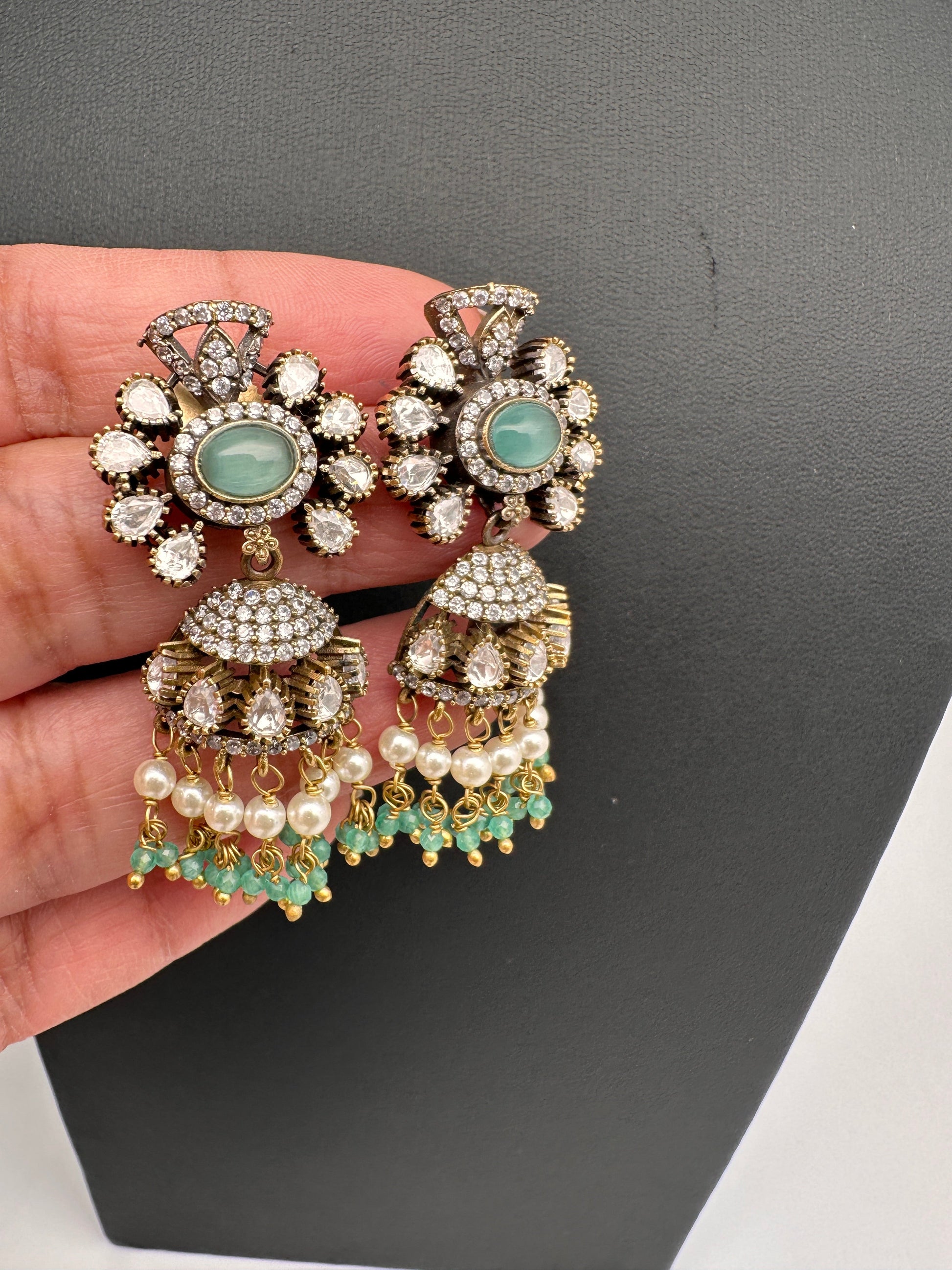 Moissanite Color Stone Victorian Jhumkas - MintGreen