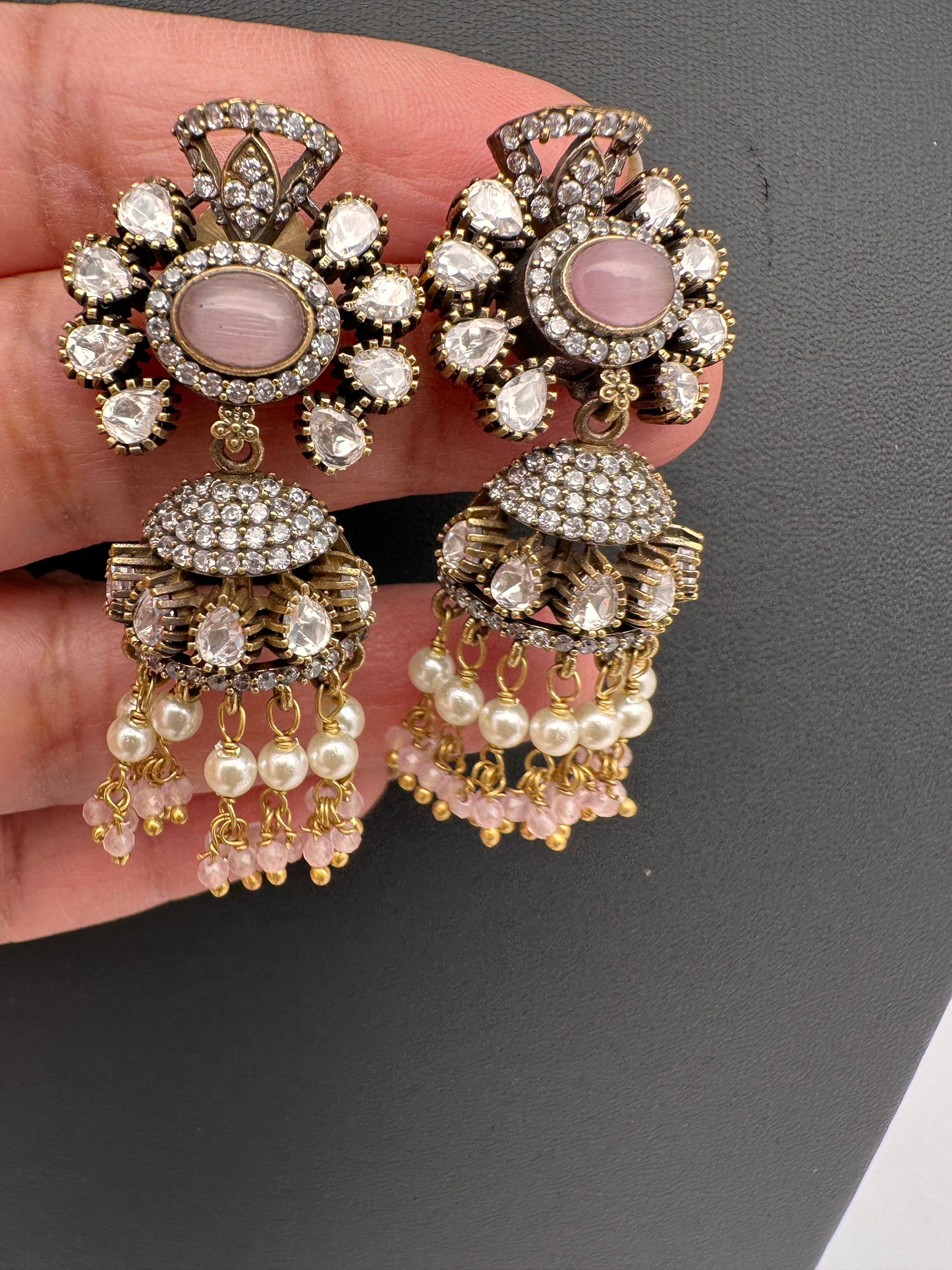 Moissanite Color Stone Victorian Jhumkas - Pink