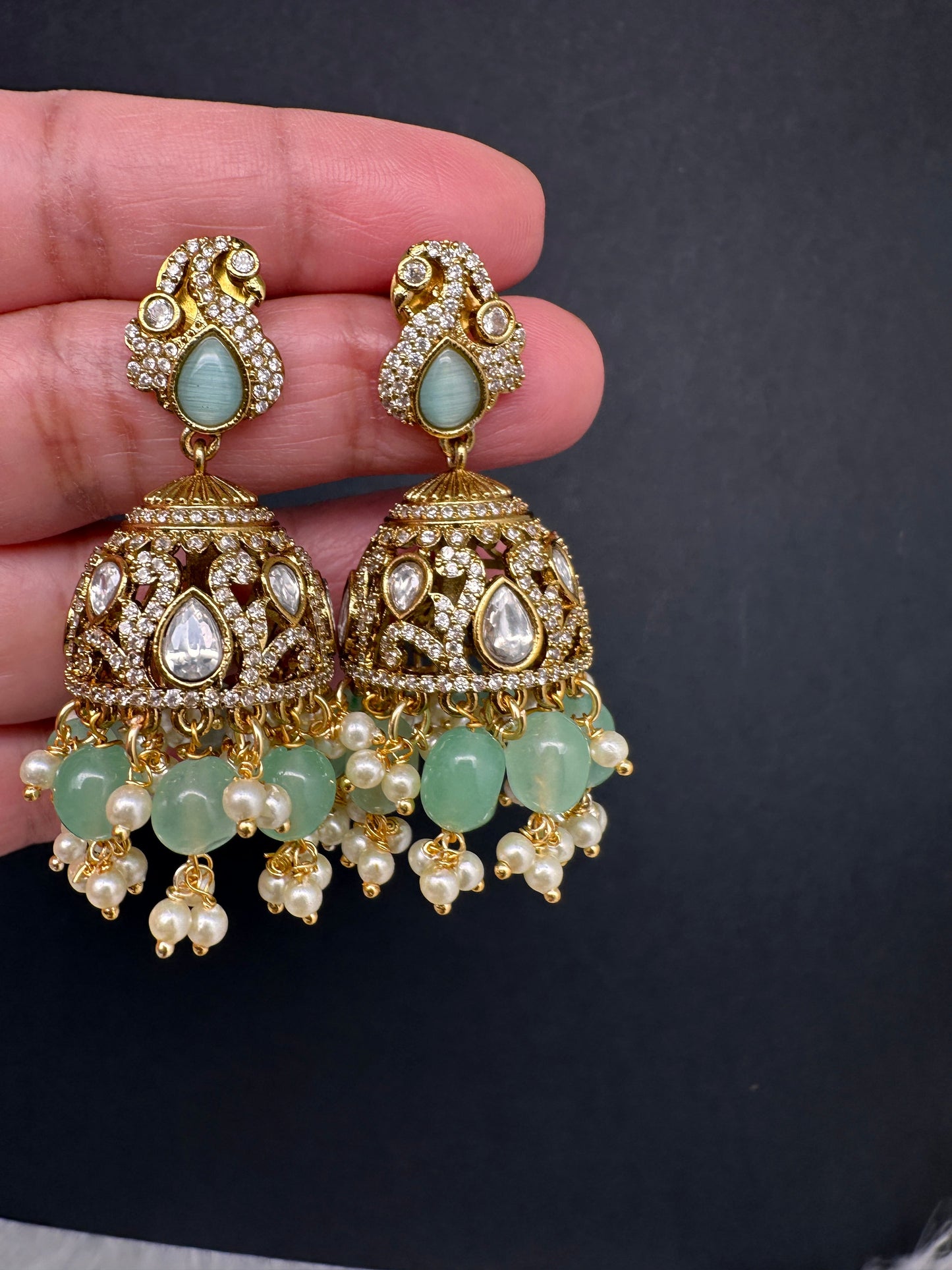 AD Peacock Color Stone Victorian Jhumkas - MintGreen