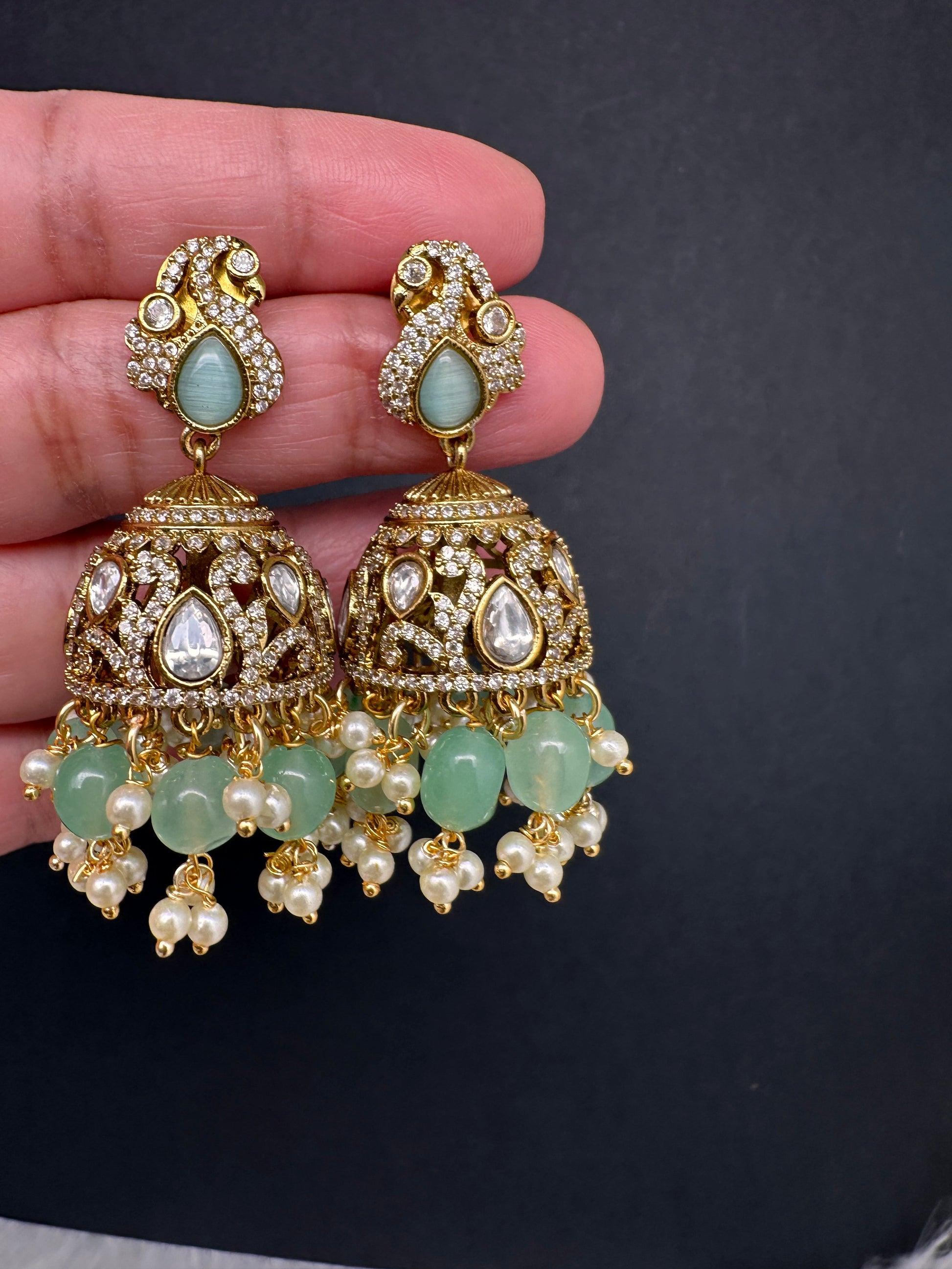 AD Peacock Color Stone Victorian Jhumkas - MintGreen