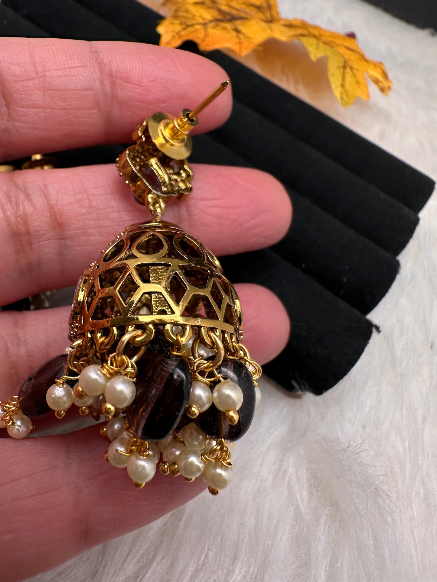 AD Peacock Color Stone Victorian Jhumkas - Purple