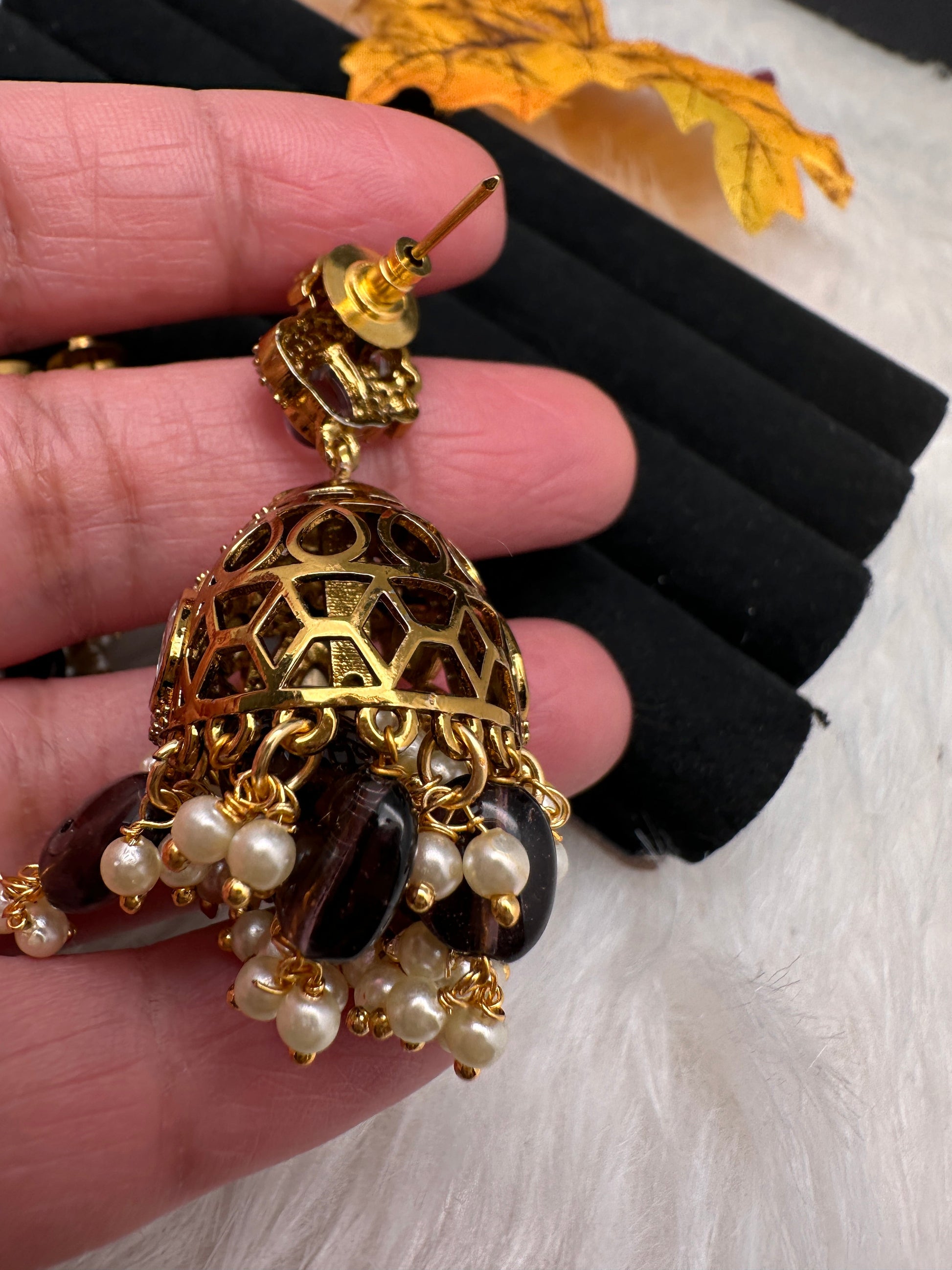 AD Peacock Color Stone Victorian Jhumkas - Purple