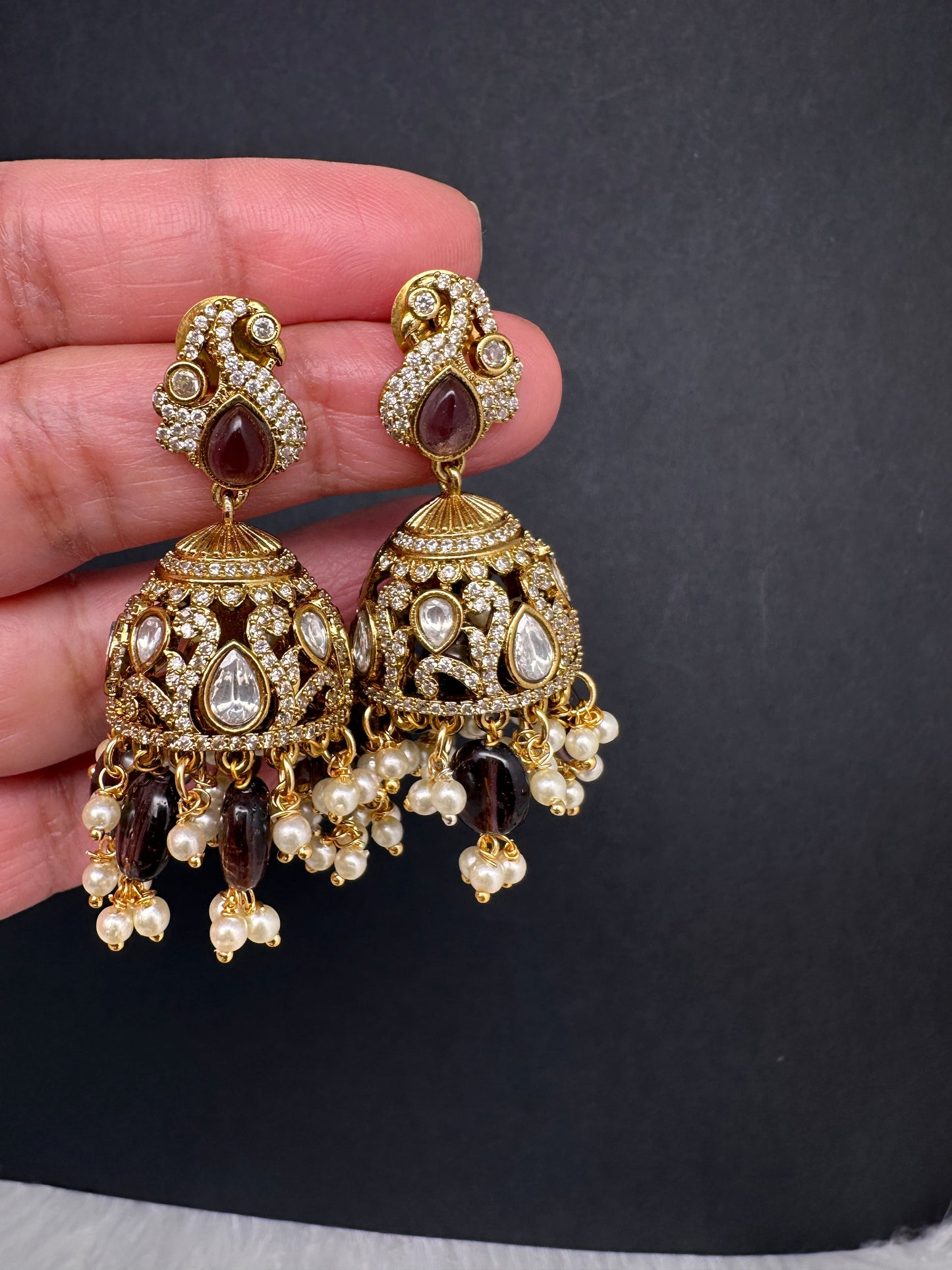 AD Peacock Color Stone Victorian Jhumkas - Purple