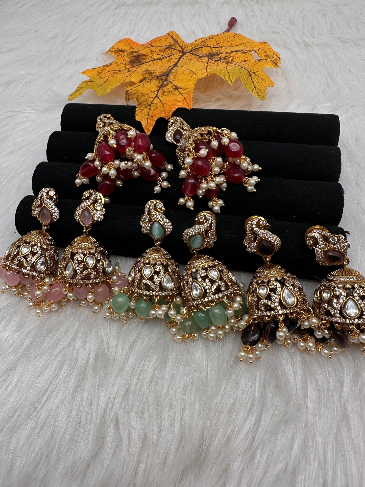 AD Peacock Color Stone Victorian Jhumkas - Red