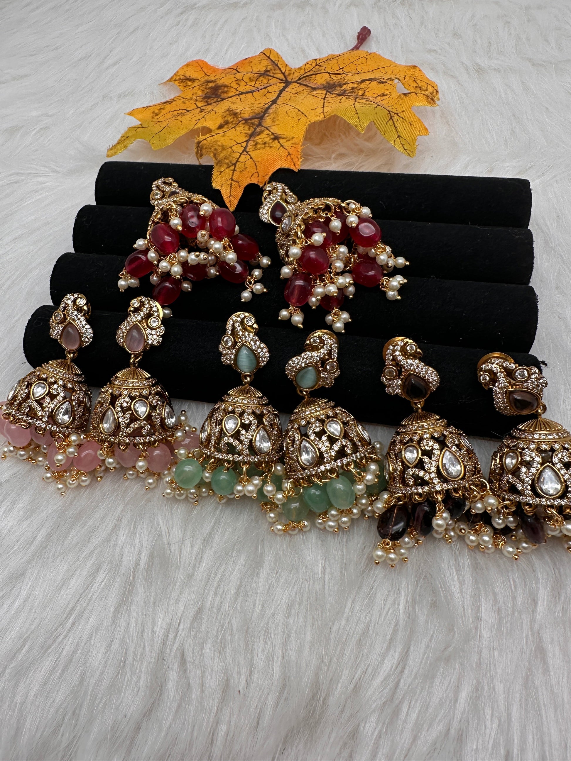 AD Peacock Color Stone Victorian Jhumkas - Red