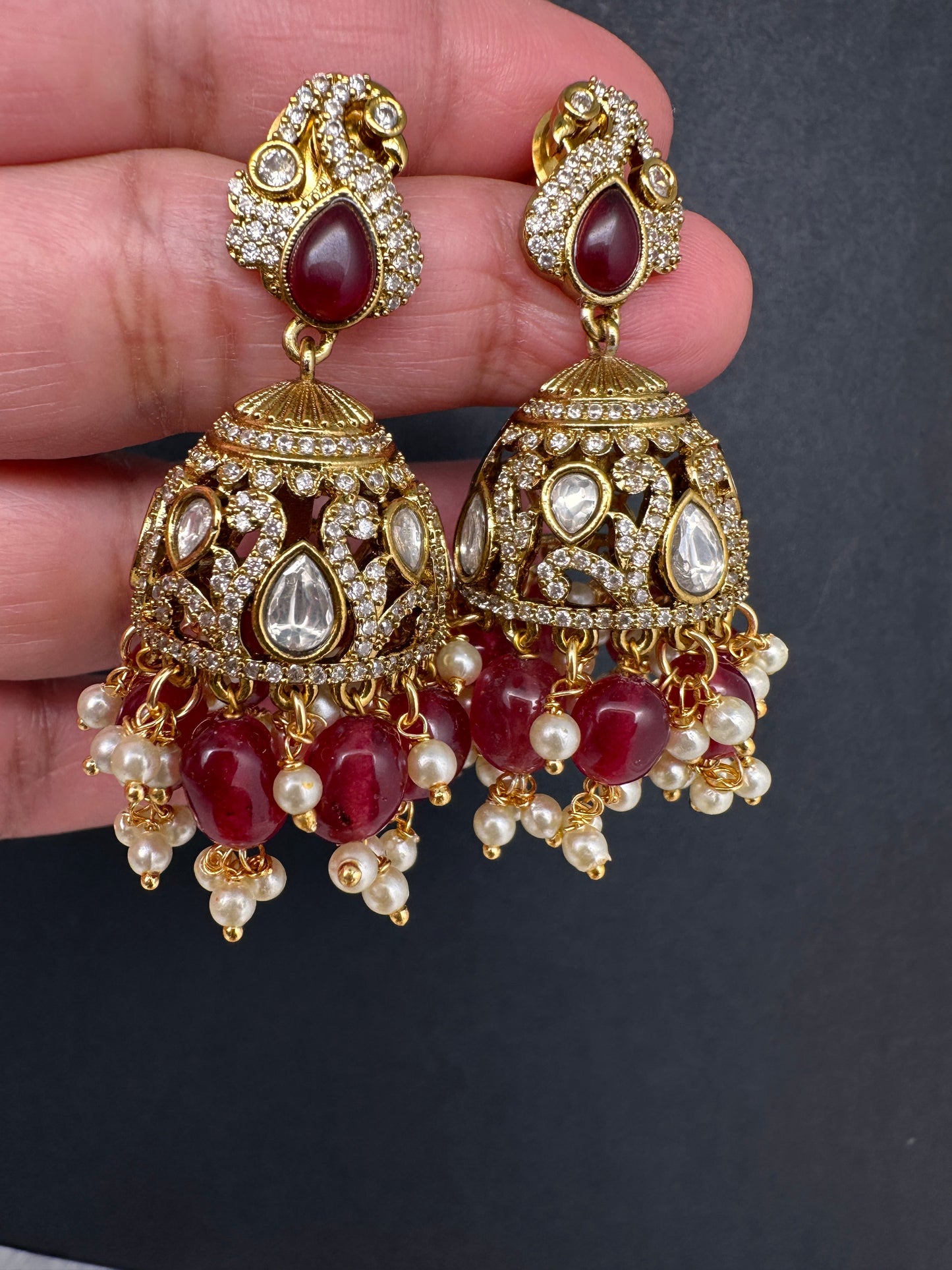 AD Peacock Color Stone Victorian Jhumkas - Red