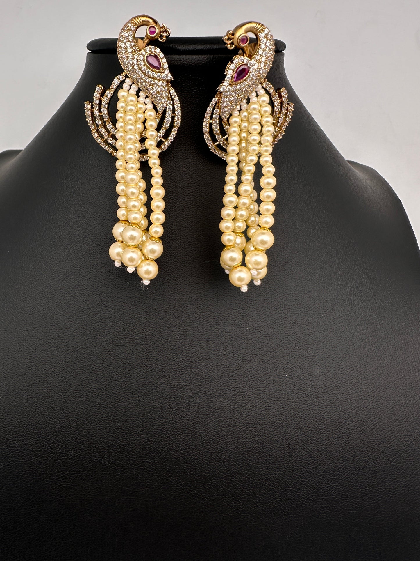 Peacock Pearls Victorian Earrings - Red