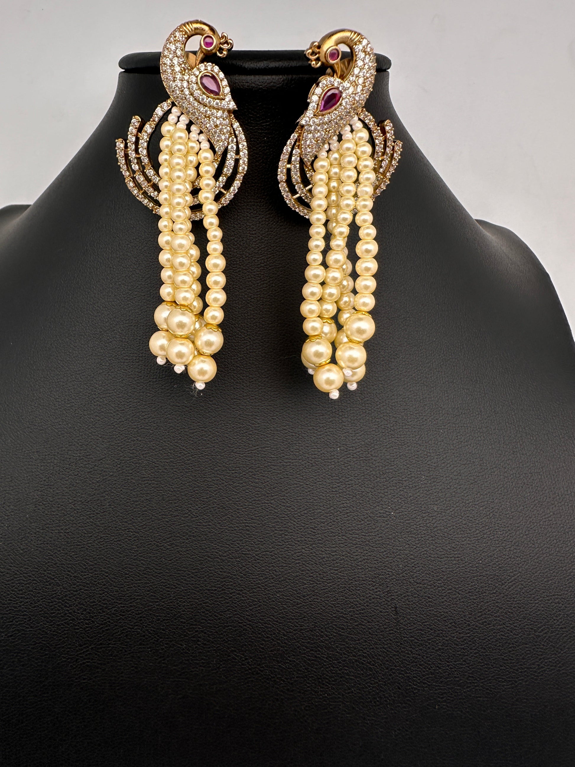 Peacock Pearls Victorian Earrings - Red