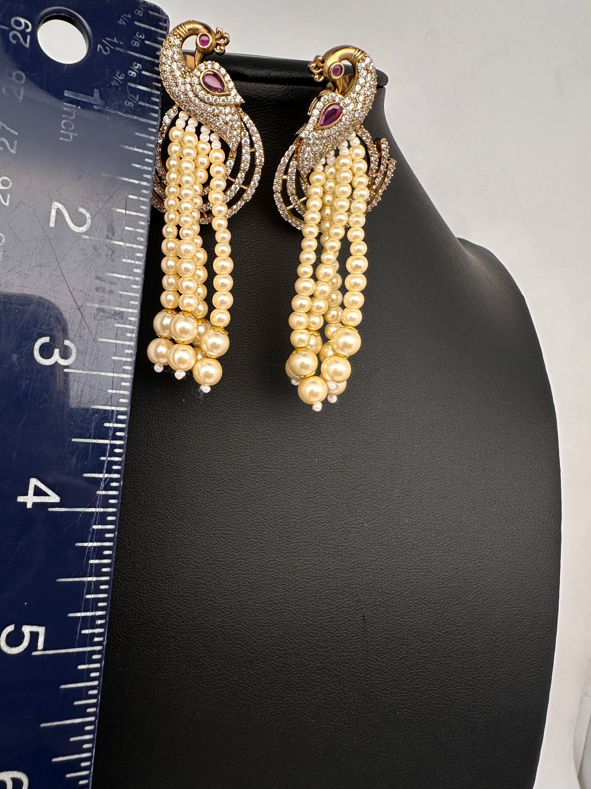 Peacock Pearls Victorian Earrings - Red