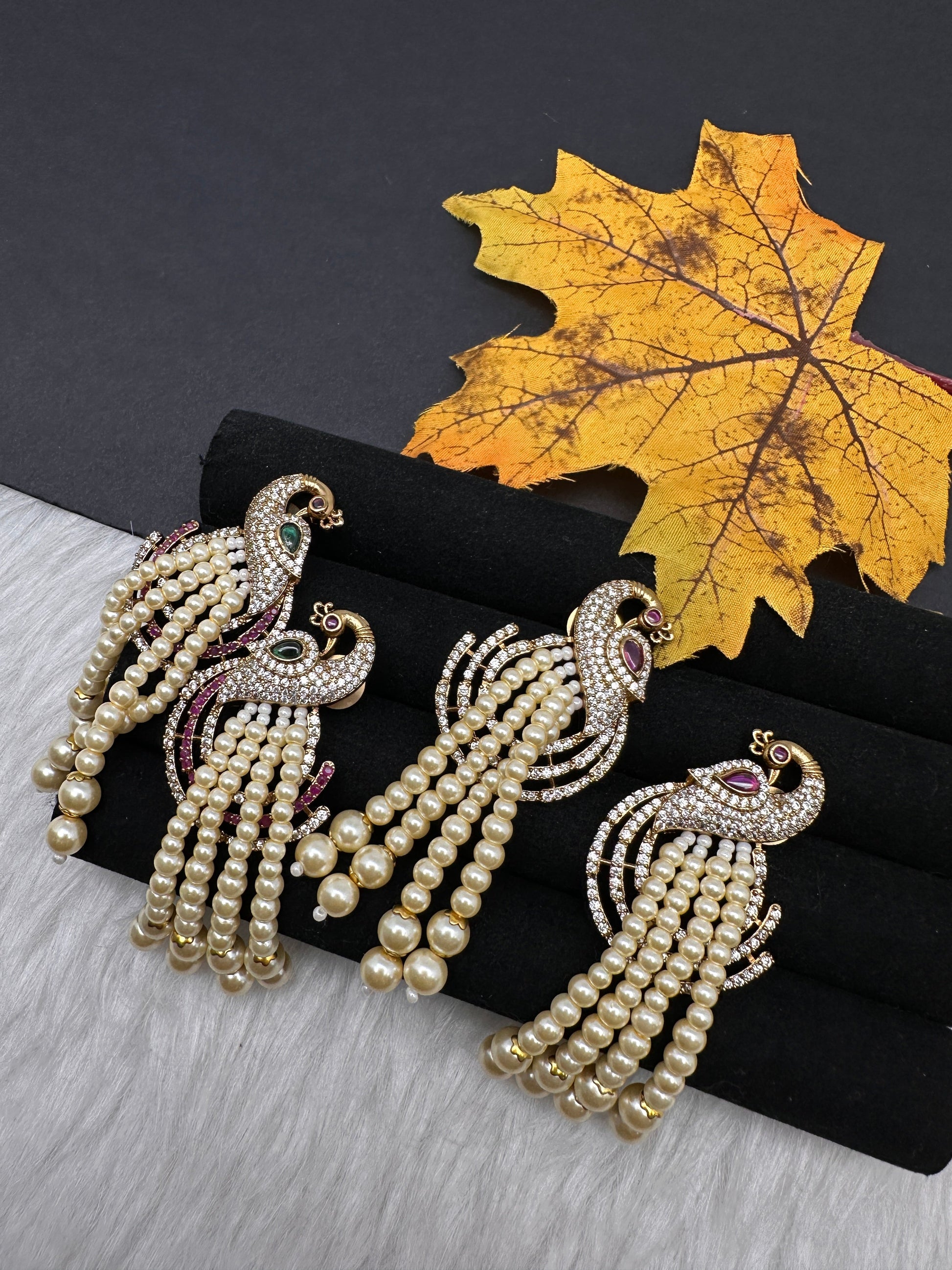 Peacock Pearls Victorian Earrings - Red