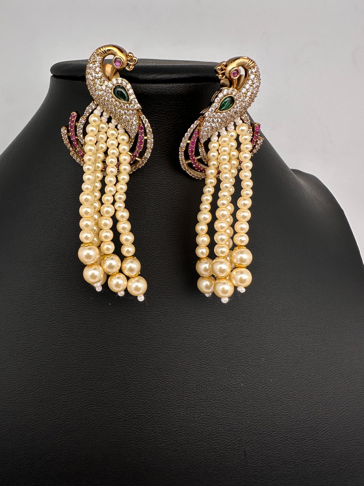 Peacock Pearls Victorian Earrings - Red