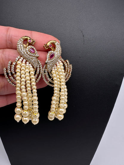 Peacock Pearls Victorian Earrings - Red