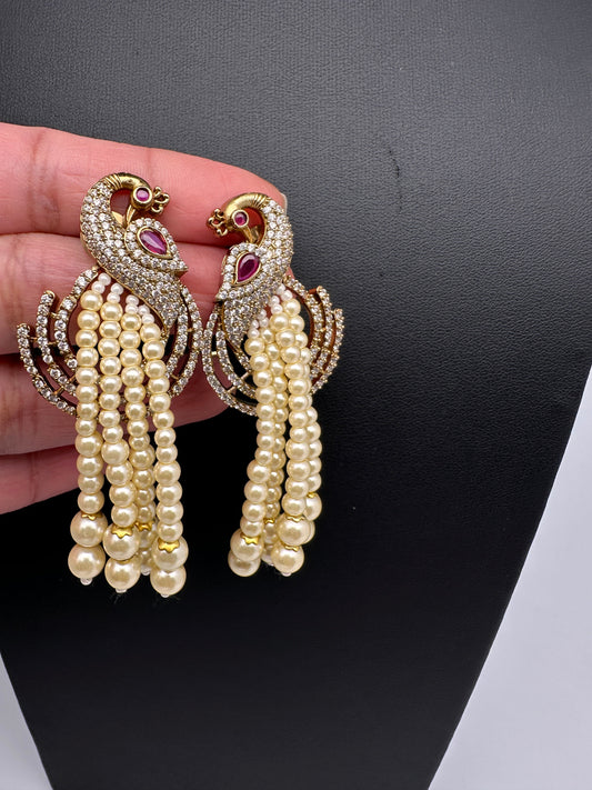 Peacock Pearls Victorian Earrings - Red