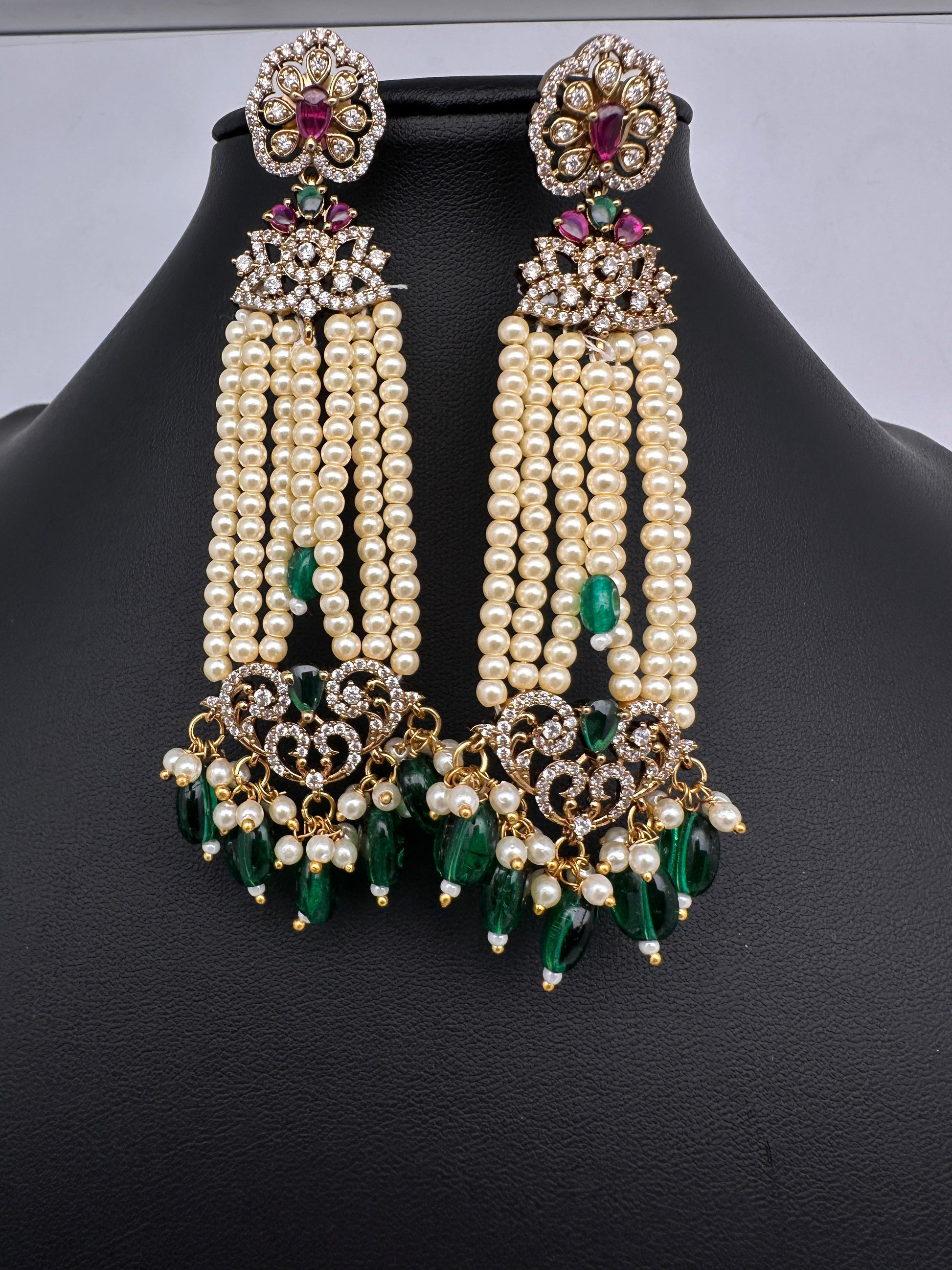 Beads Pearls Victorian Long Earrings - Green
