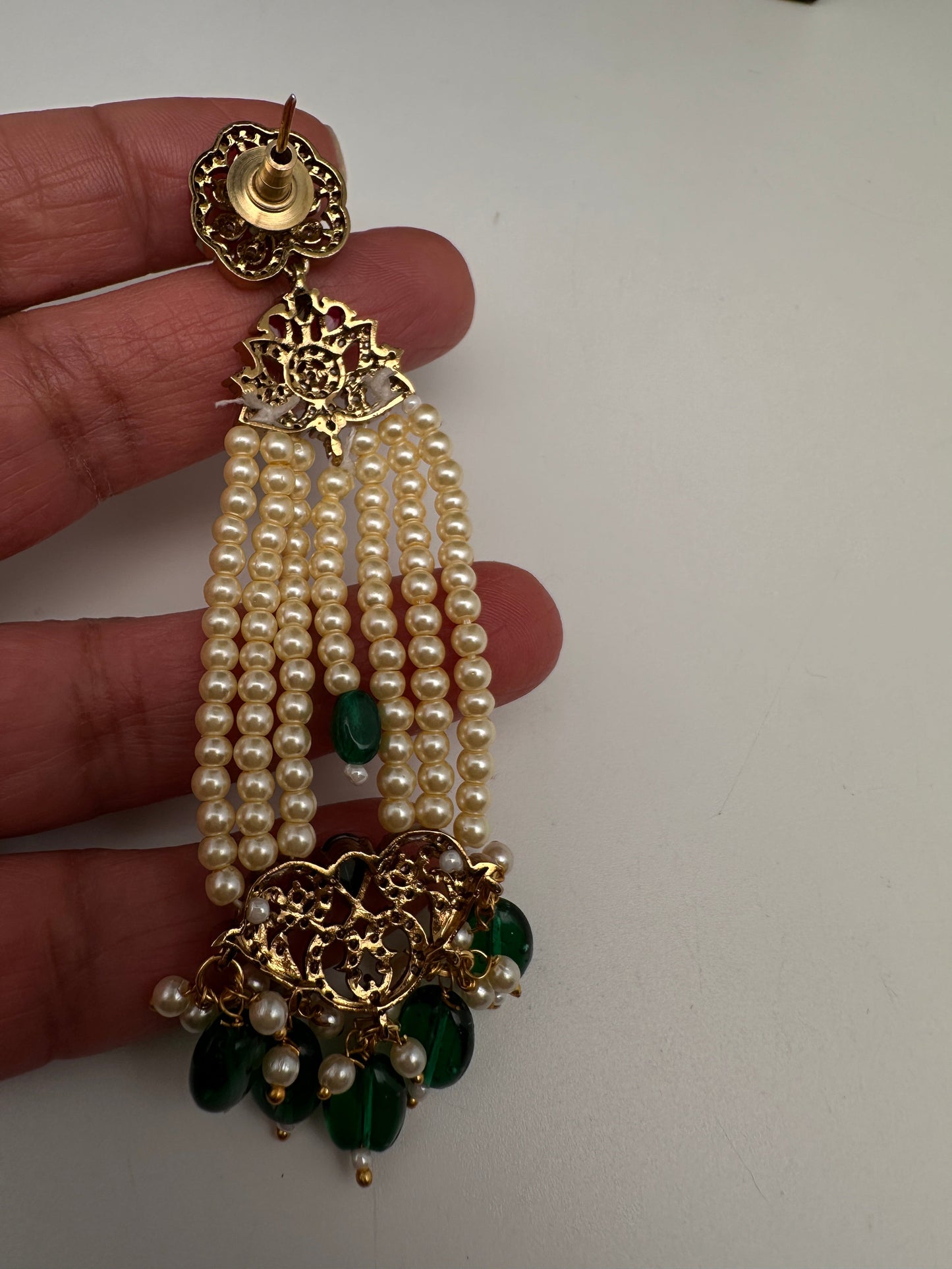Beads Pearls Victorian Long Earrings - Green