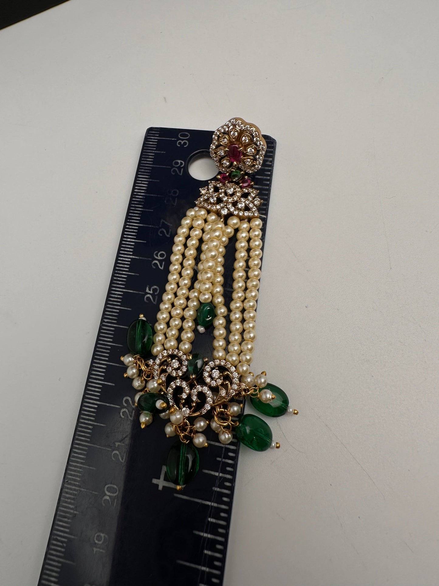 Beads Pearls Victorian Long Earrings - Green
