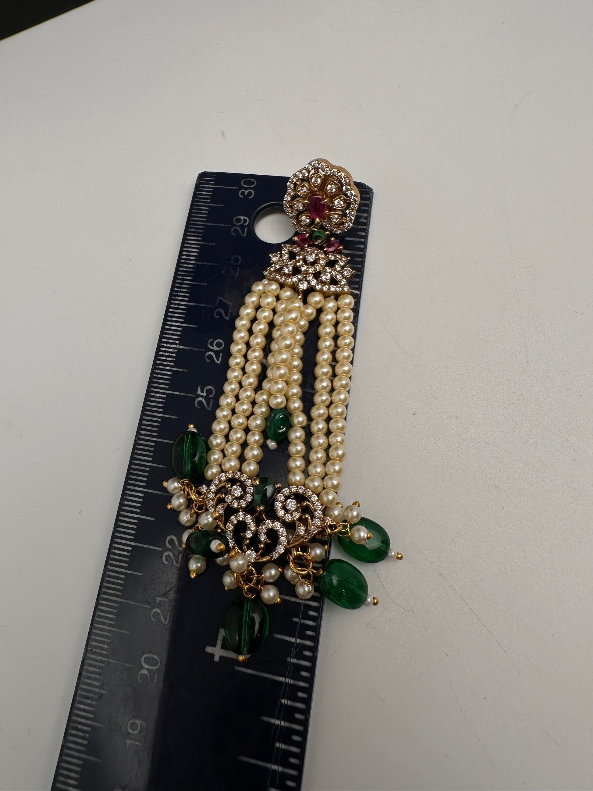 Beads Pearls Victorian Long Earrings - Green