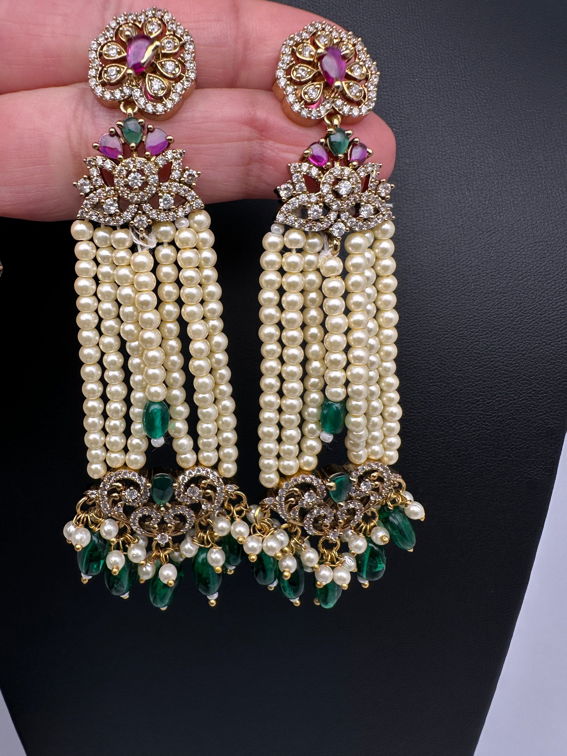 Beads Pearls Victorian Long Earrings - Green