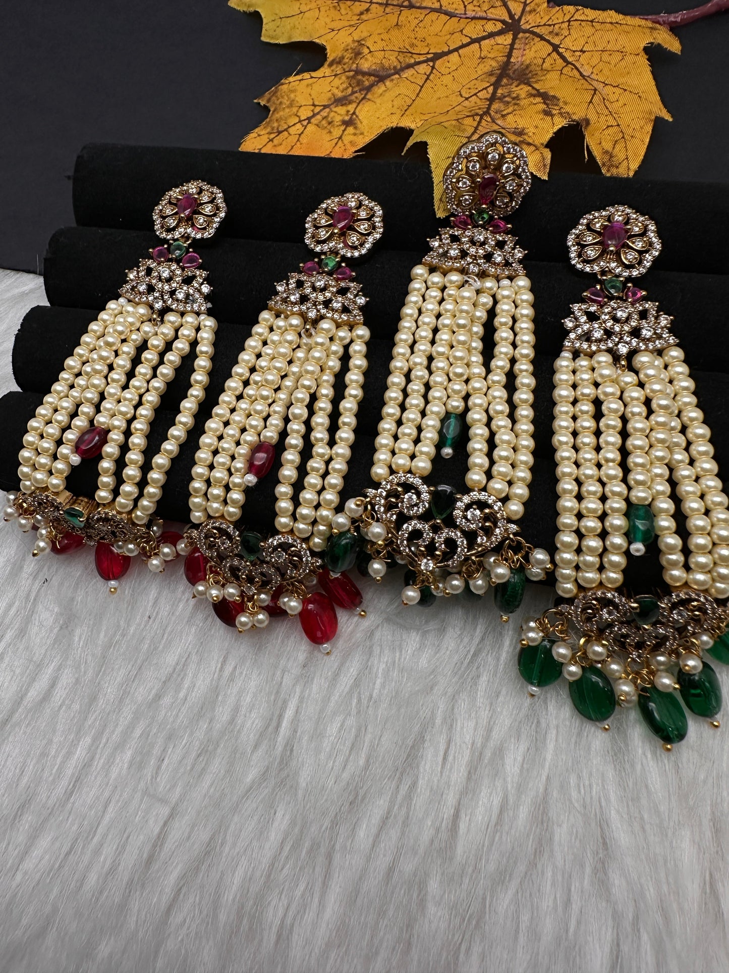 Beads Pearls Victorian Long Earrings - Red