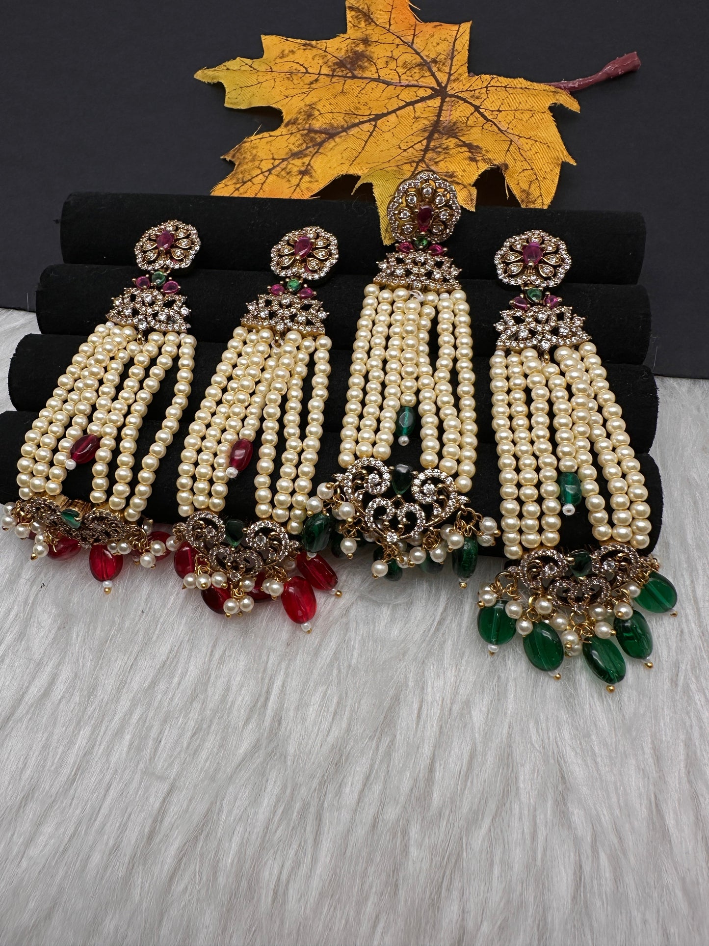 Beads Pearls Victorian Long Earrings - Red