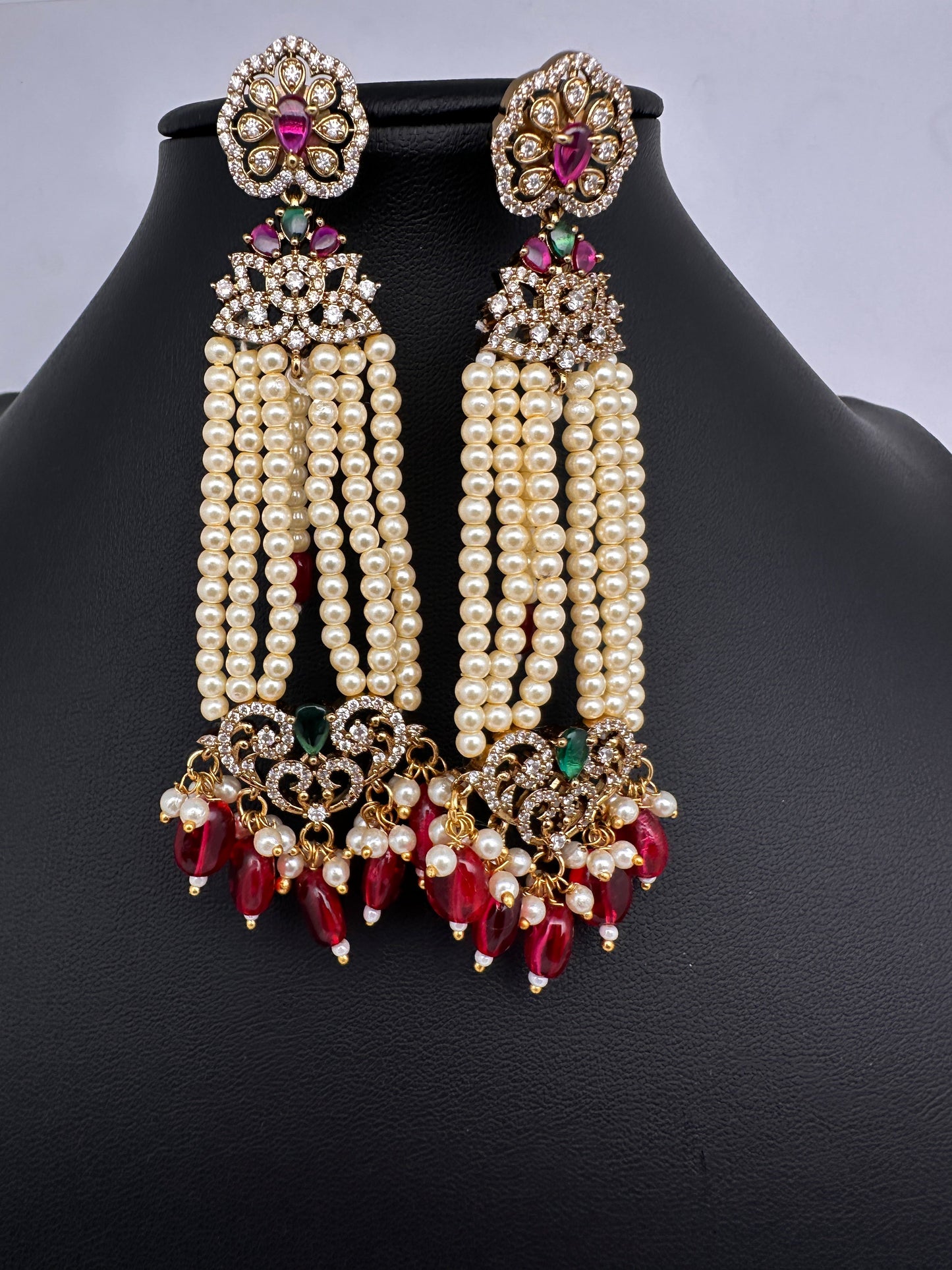 Beads Pearls Victorian Long Earrings - Red