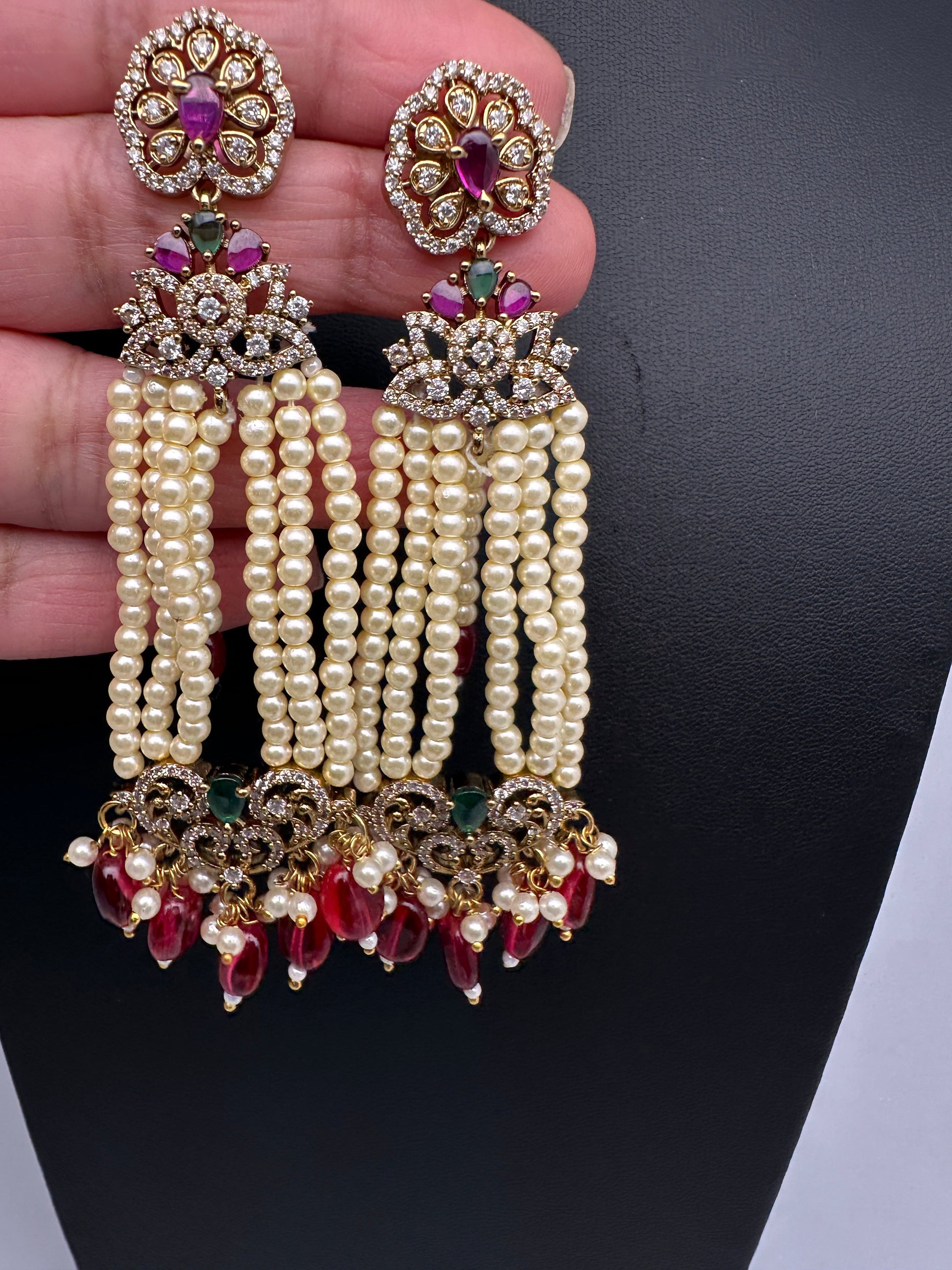 Beads Pearls Victorian Long Earrings - Red