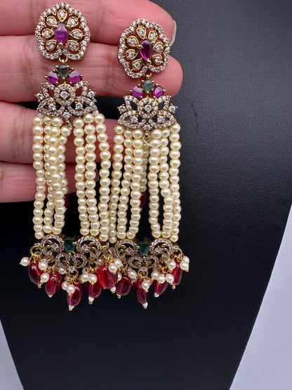 Beads Pearls Victorian Long Earrings - Red