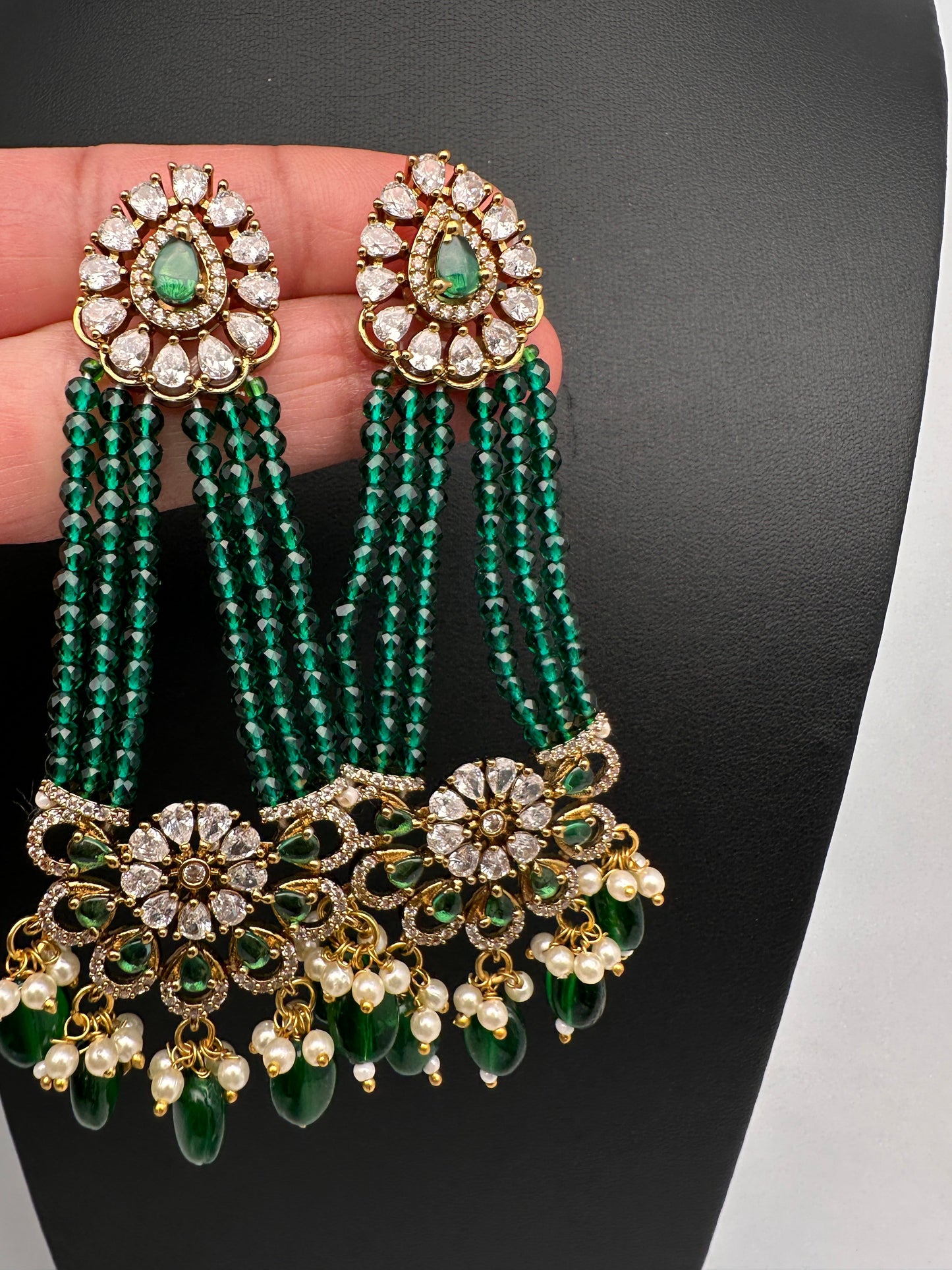 Beads Pearls Victorian Long Earrings - Green