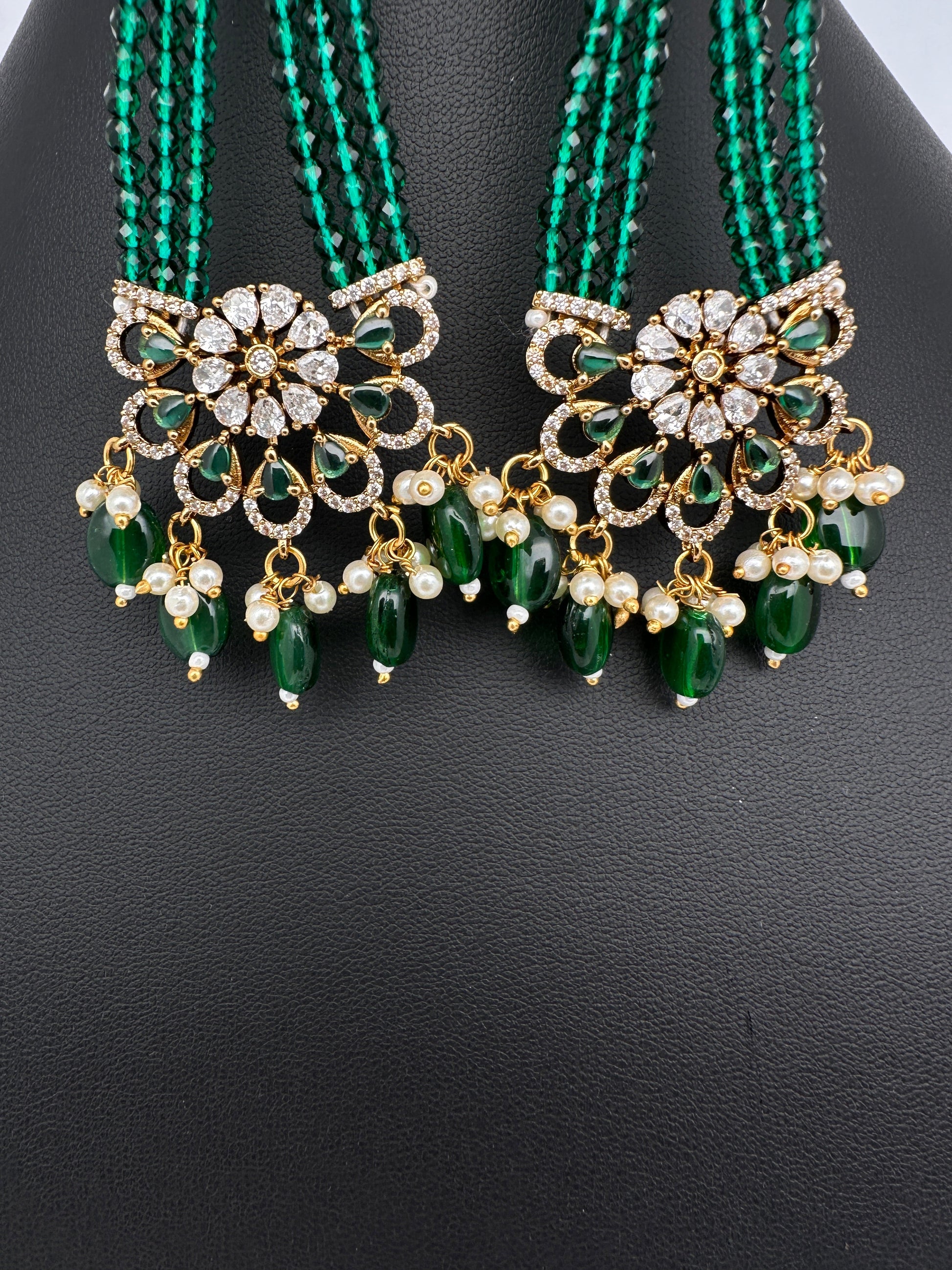 Beads Pearls Victorian Long Earrings - Green