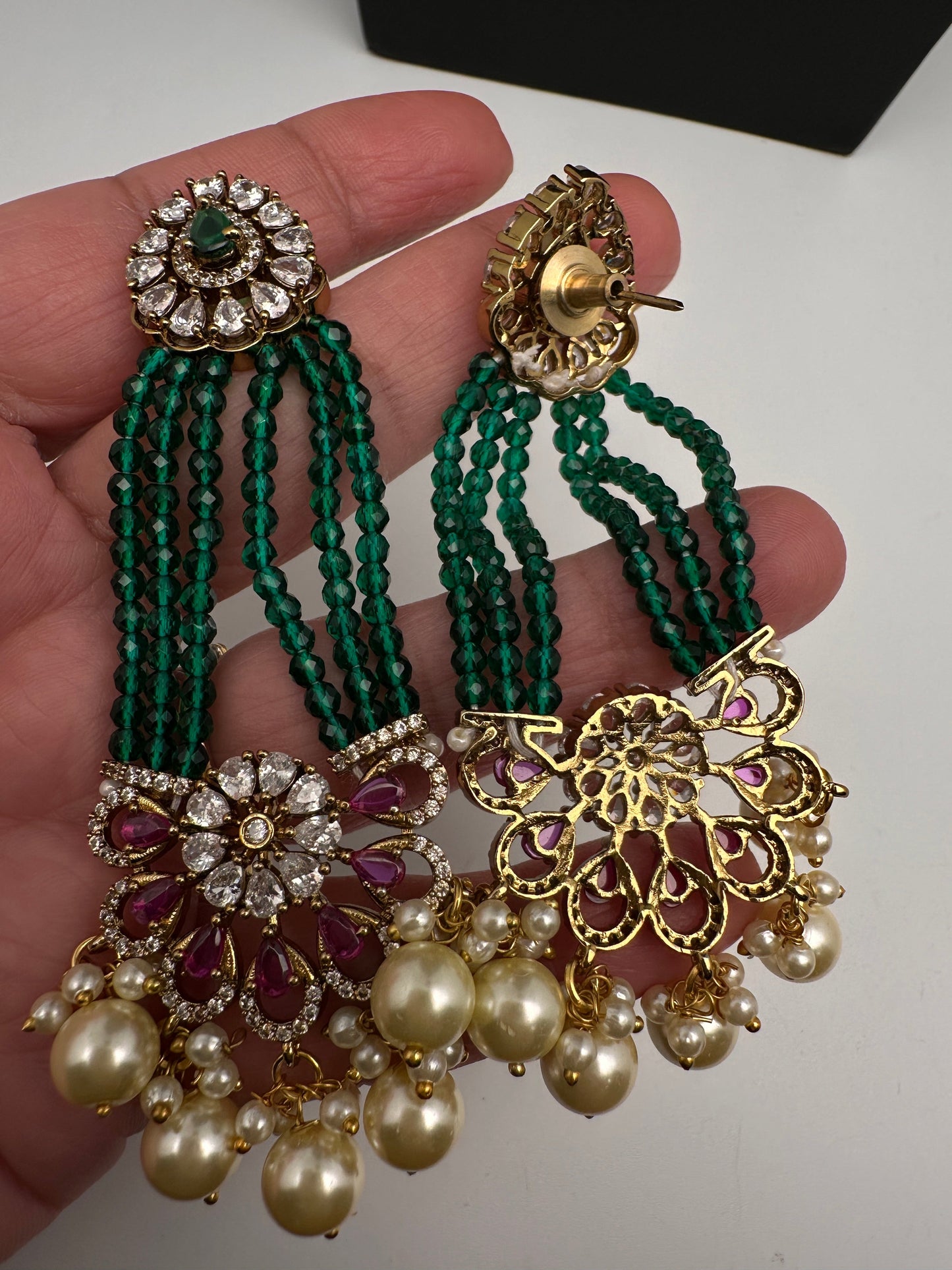 Beads Pearls Victorian Long Earrings - Green