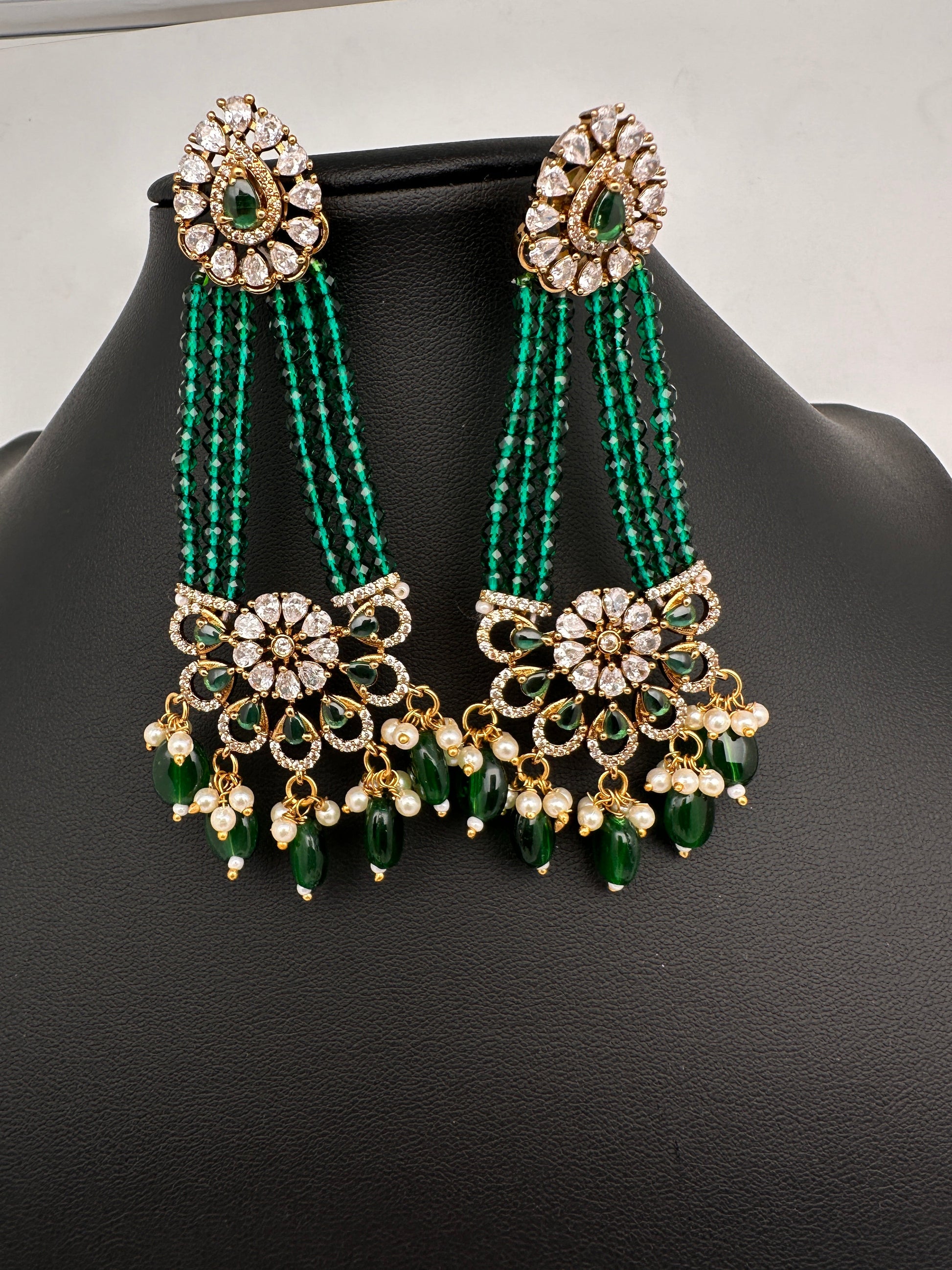 Beads Pearls Victorian Long Earrings - Green