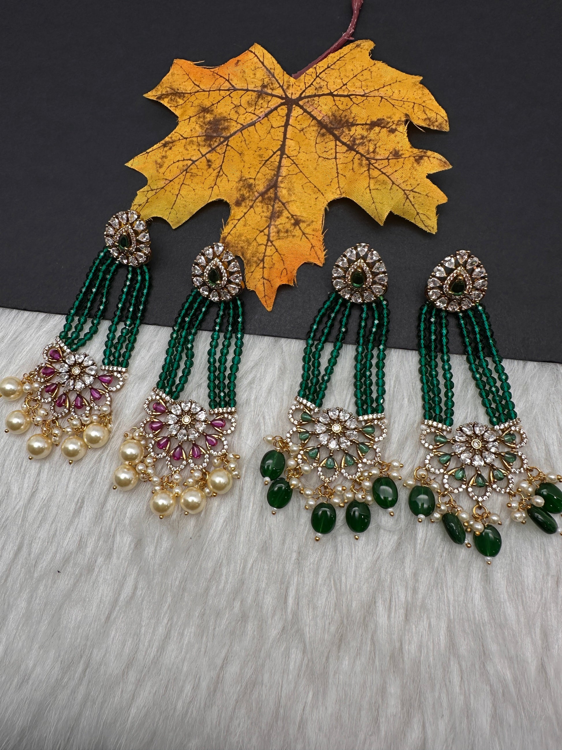 Beads Pearls Victorian Long Earrings - Red