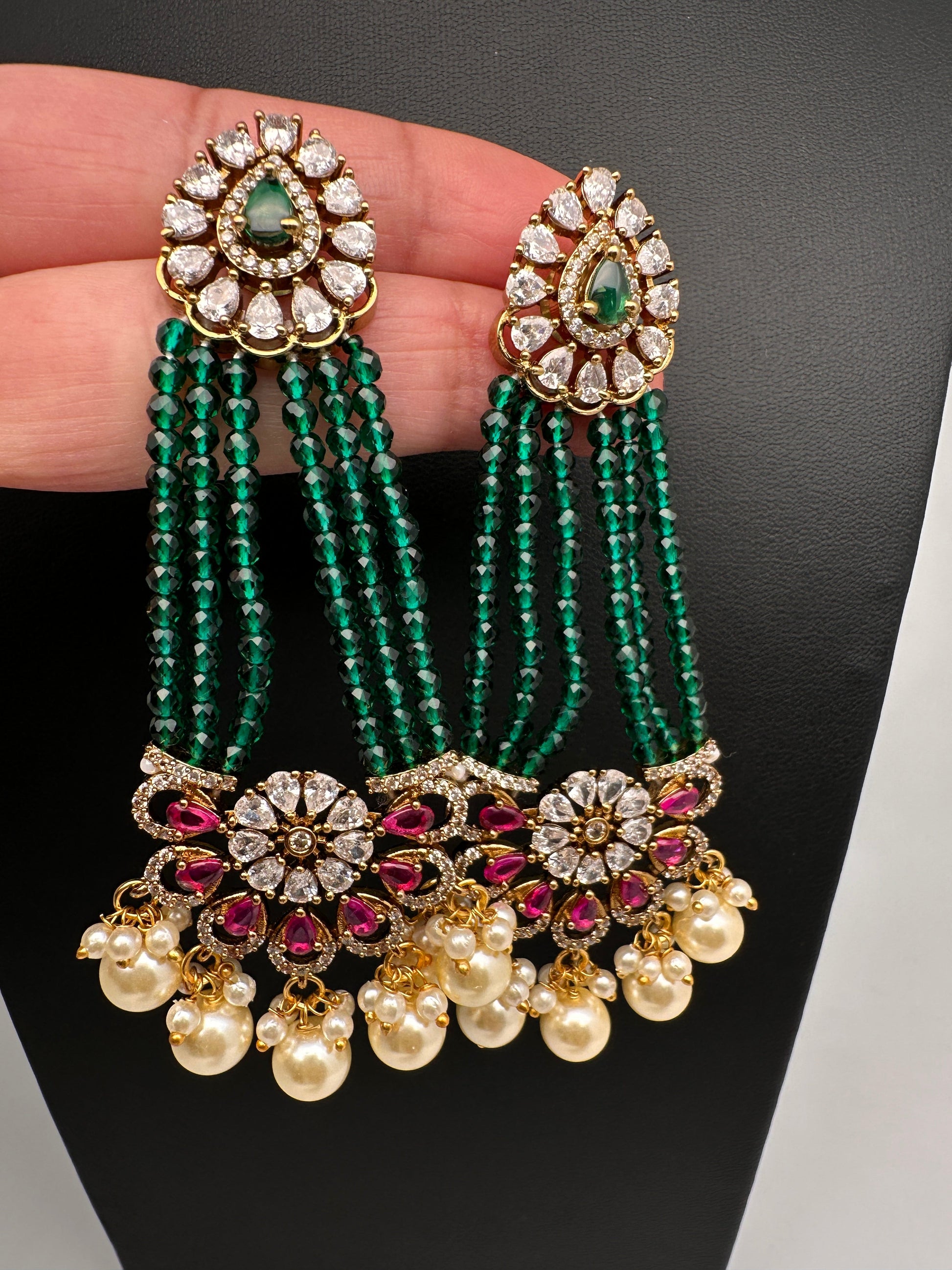 Beads Pearls Victorian Long Earrings - Red