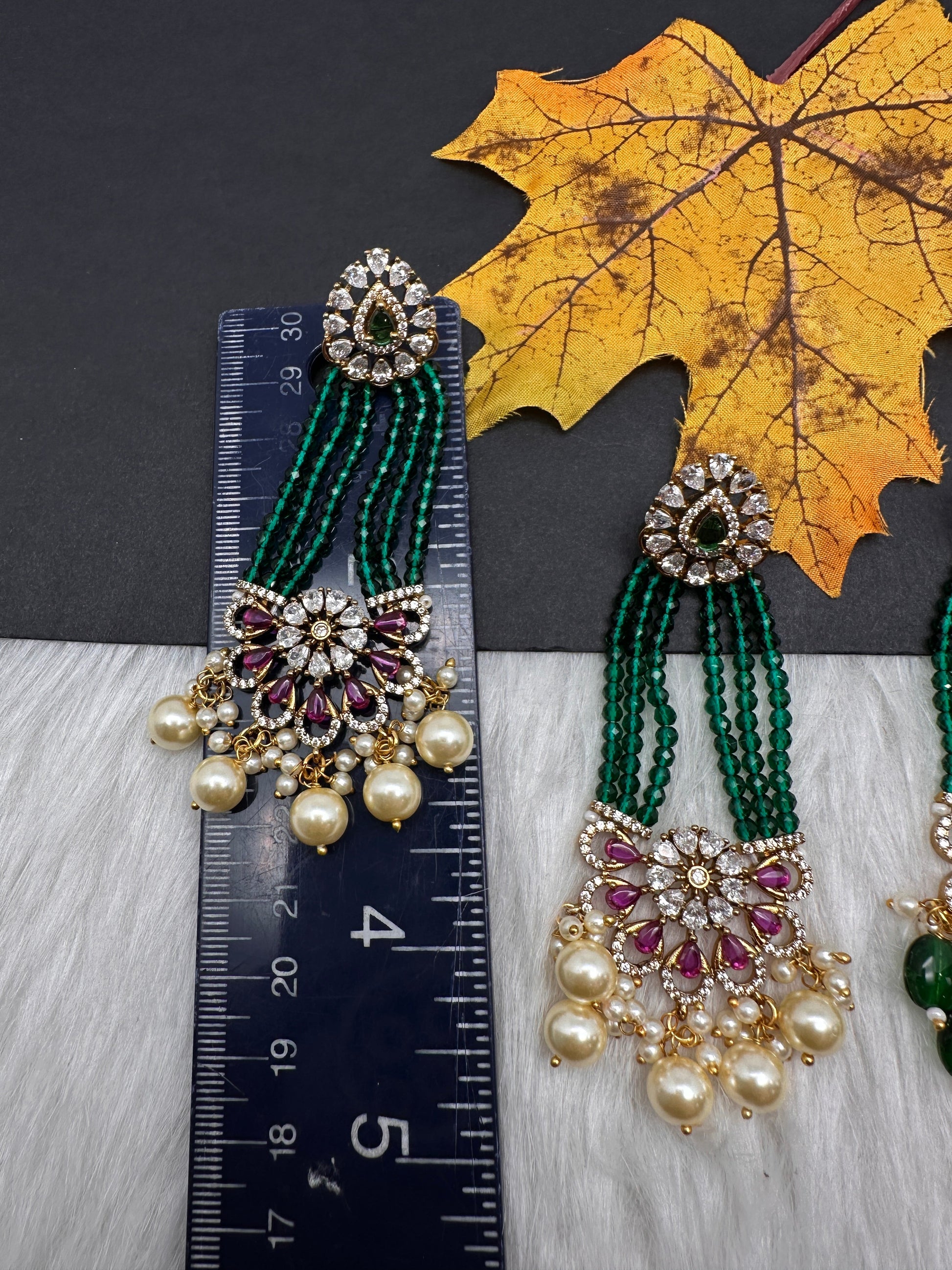 Beads Pearls Victorian Long Earrings - Red