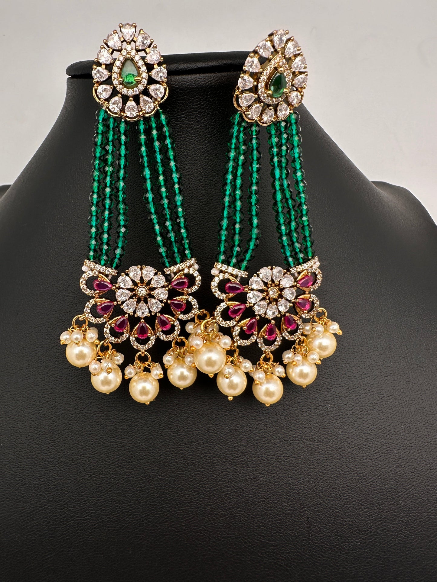 Beads Pearls Victorian Long Earrings - Red