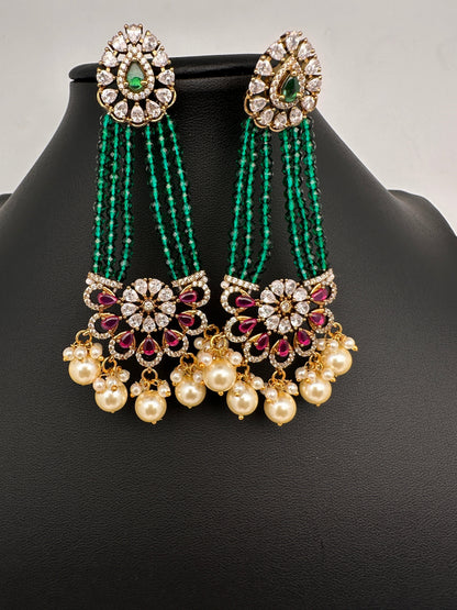 Beads Pearls Victorian Long Earrings - Red