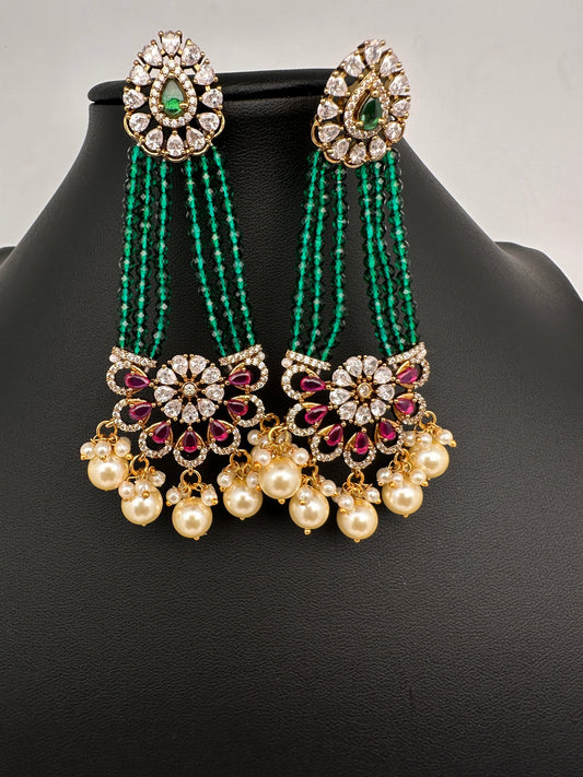 Beads Pearls Victorian Long Earrings - Red